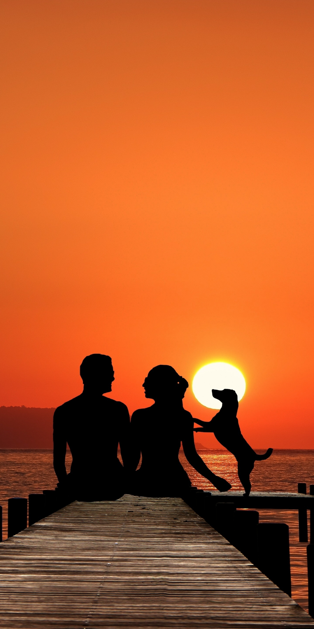 Couple, sunset, pier, silhouette, 1080x2160 wallpaper