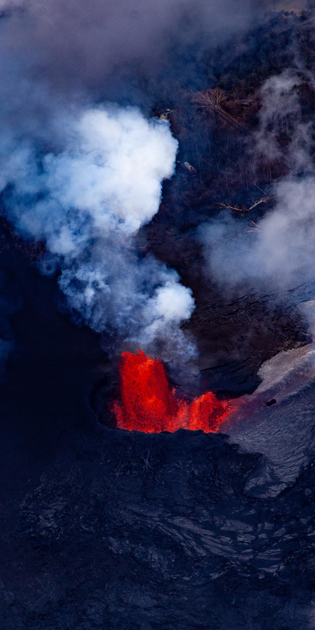 Lava, smoke, volcano, crater, 1080x2160 wallpaper