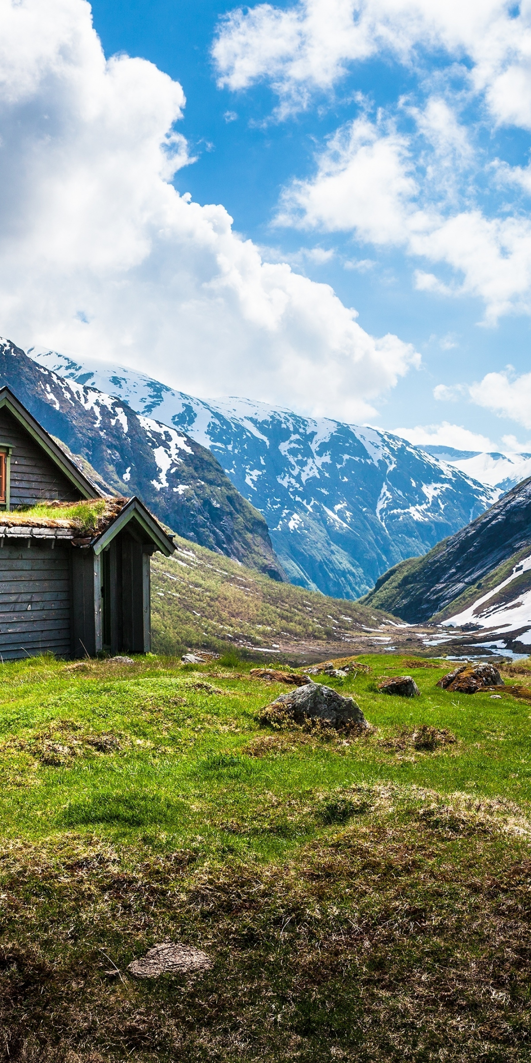 Valley house, wooden cabin, mountains, nature, 1080x2160 wallpaper