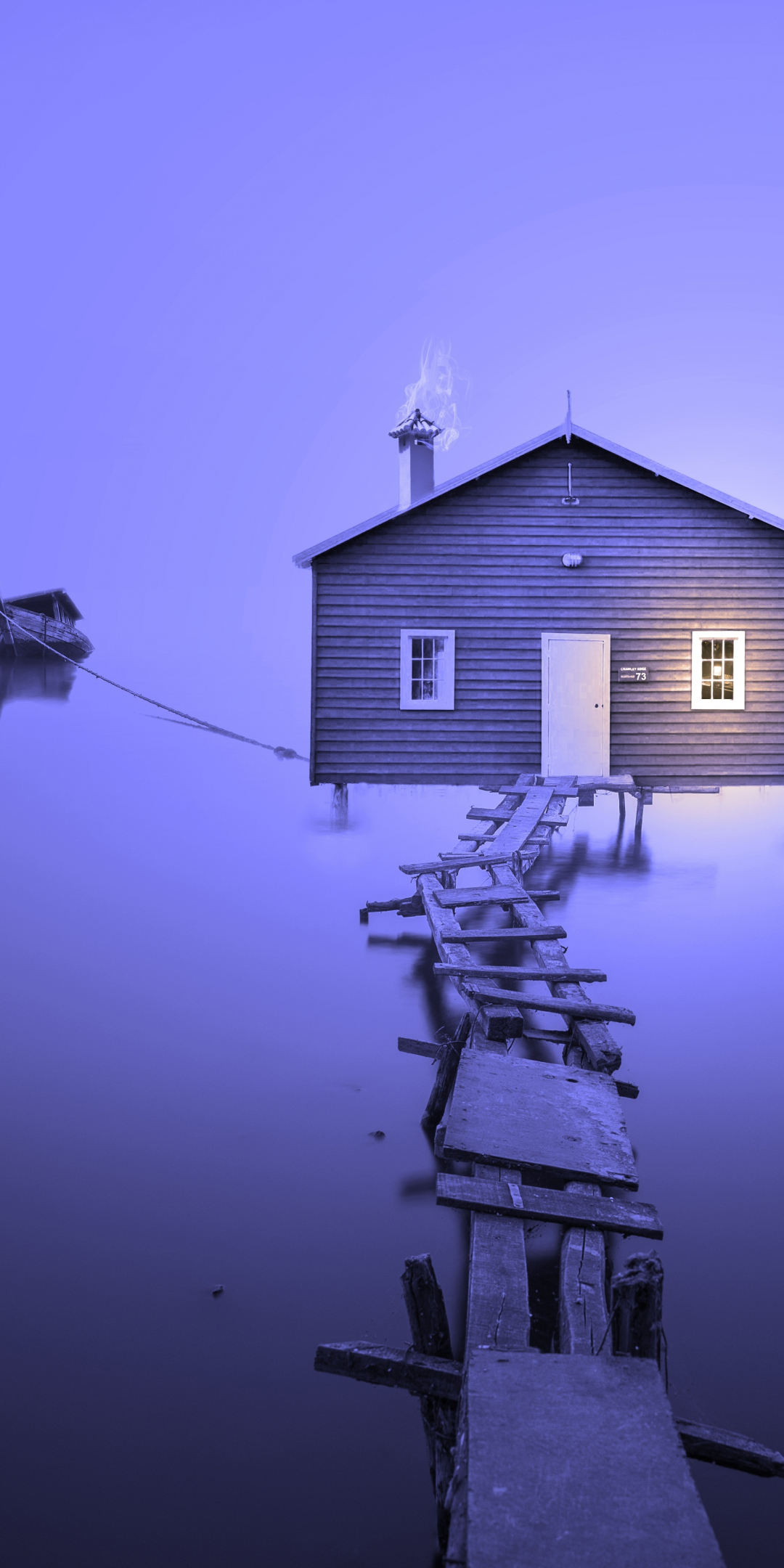 Lake, house, boat, broken birdge, violet, foggy day, minimal, 1080x2160 wallpaper