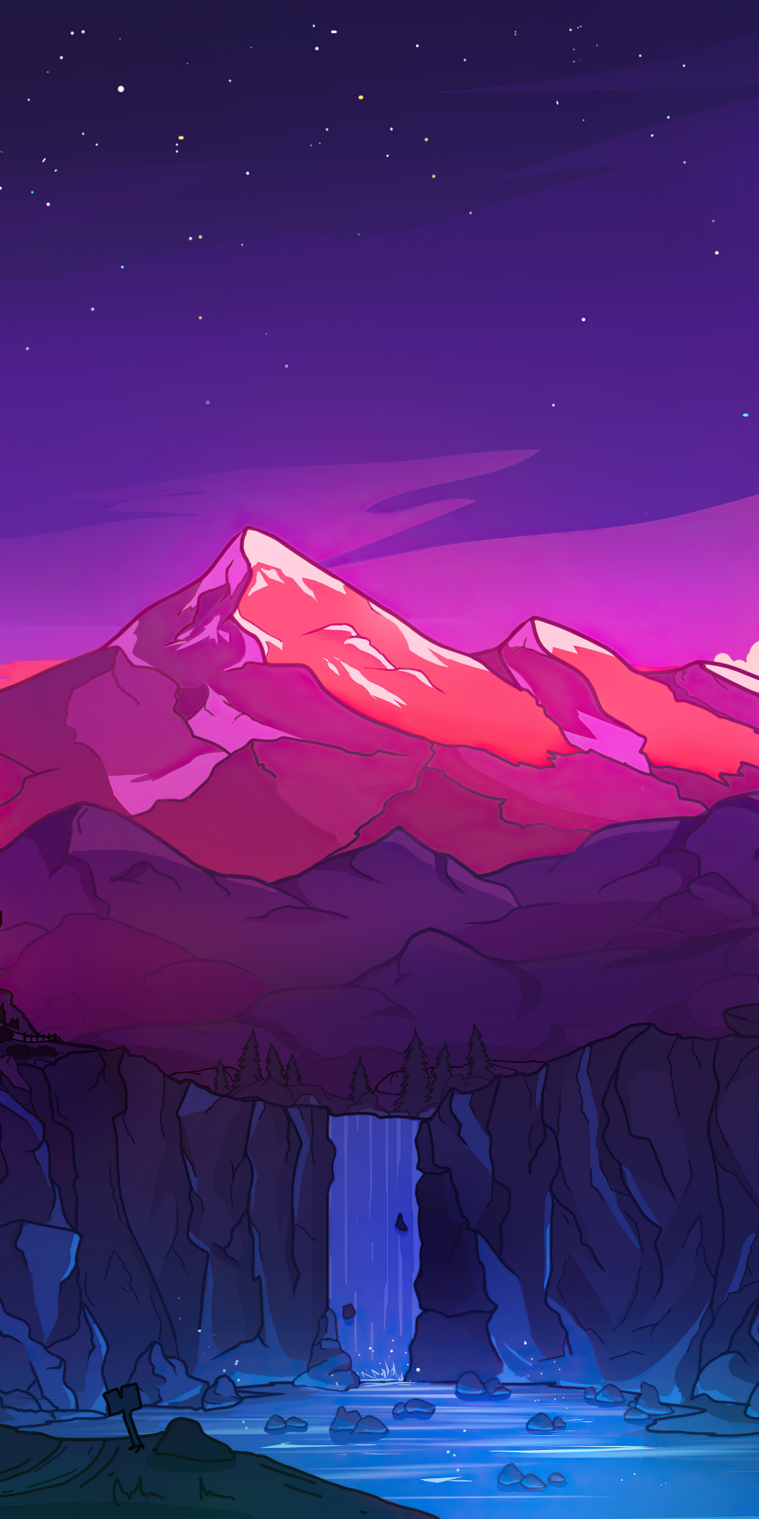 Colorful mountains, night, waterfall, minimal, 1080x2160 wallpaper