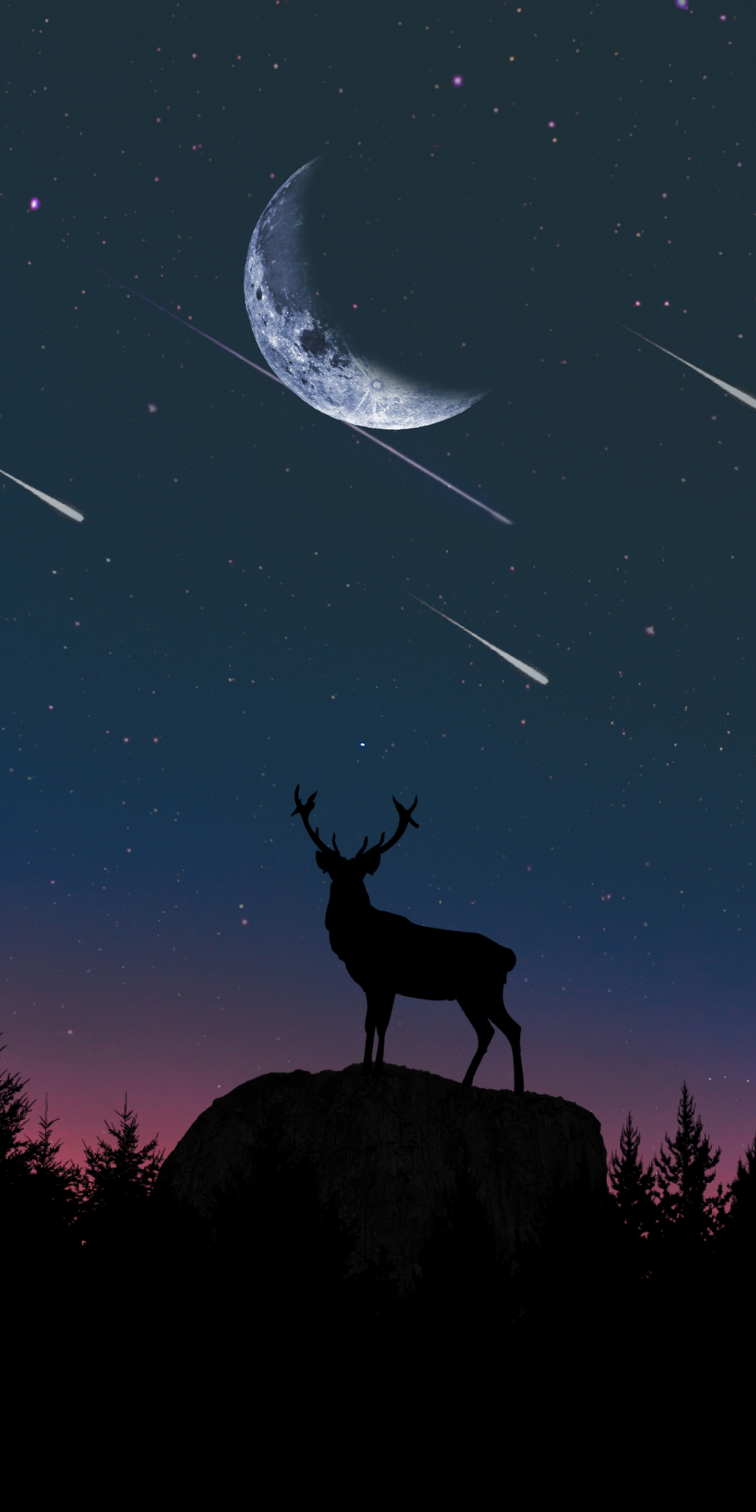 Deer, moon, night, artwork, 1080x2160 wallpaper