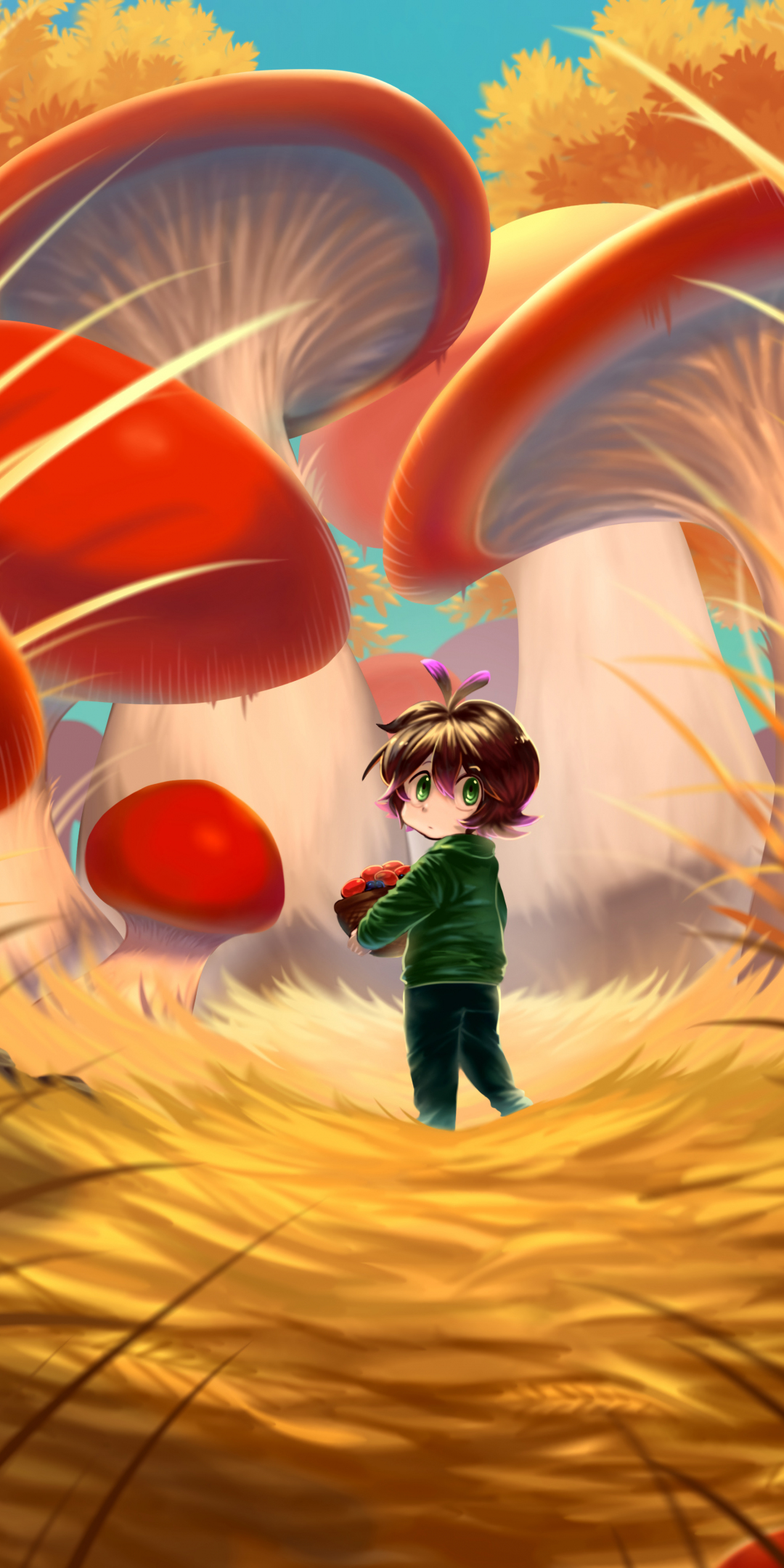 Original, anime, girl in mushrooms jungle, 1080x2160 wallpaper