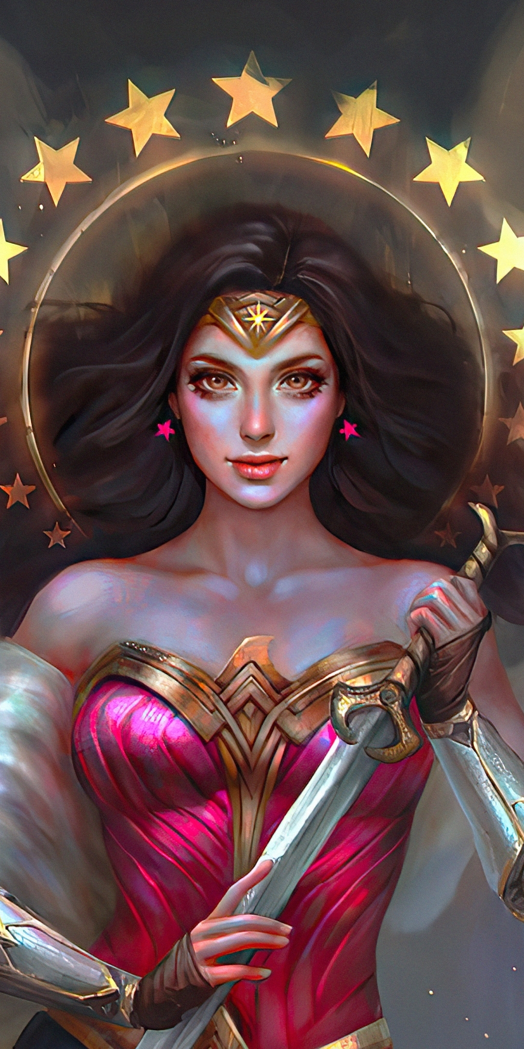 Beautiful Wonder Woman with sword, artwork, 1080x2160 wallpaper