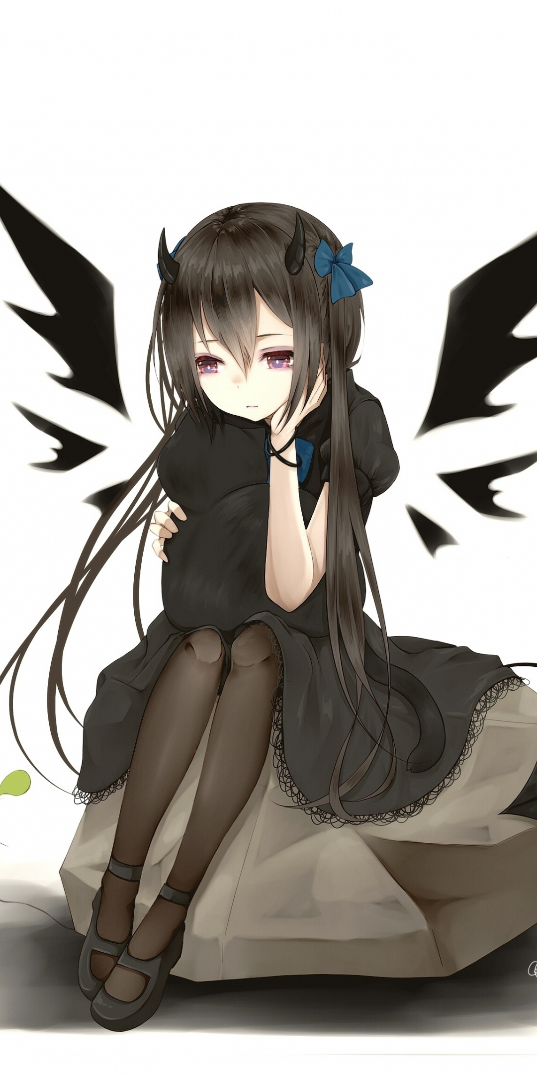 Cute, angel with black wings, anime, 1080x2160 wallpaper