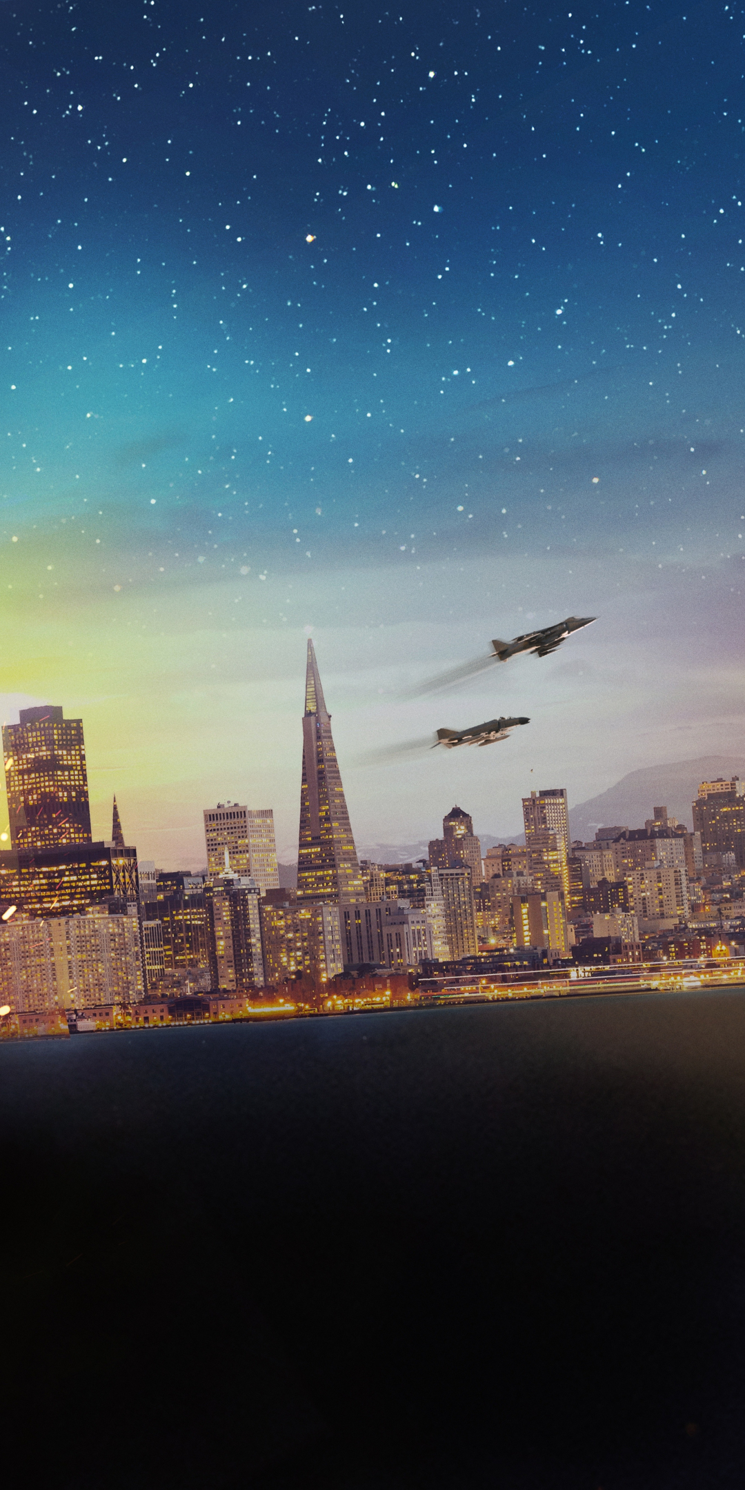 City, buildings, starry sky, aircrafts, 1080x2160 wallpaper