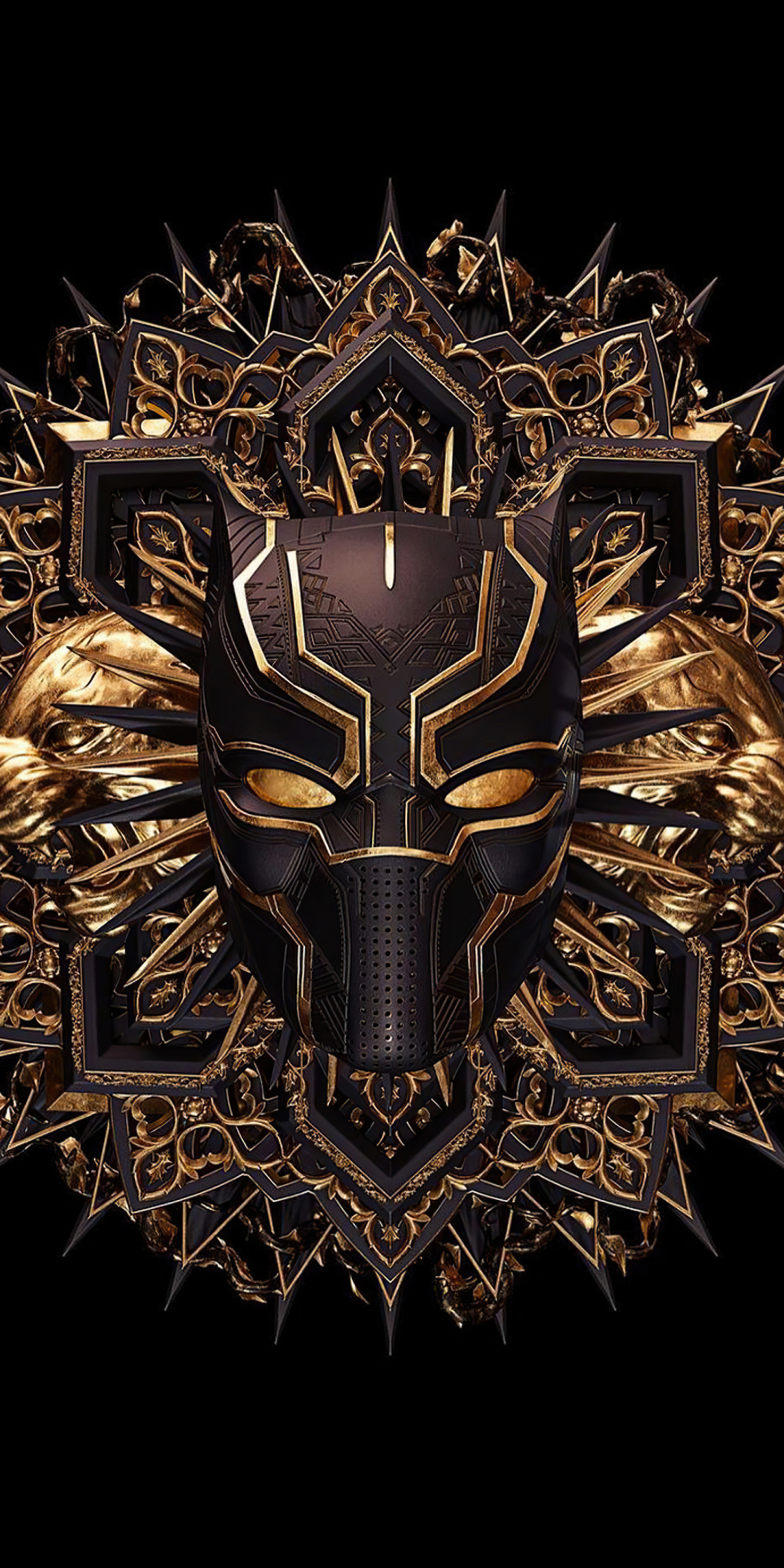 Black panther, minimal and golden masks, 2023, 1080x2160 wallpaper