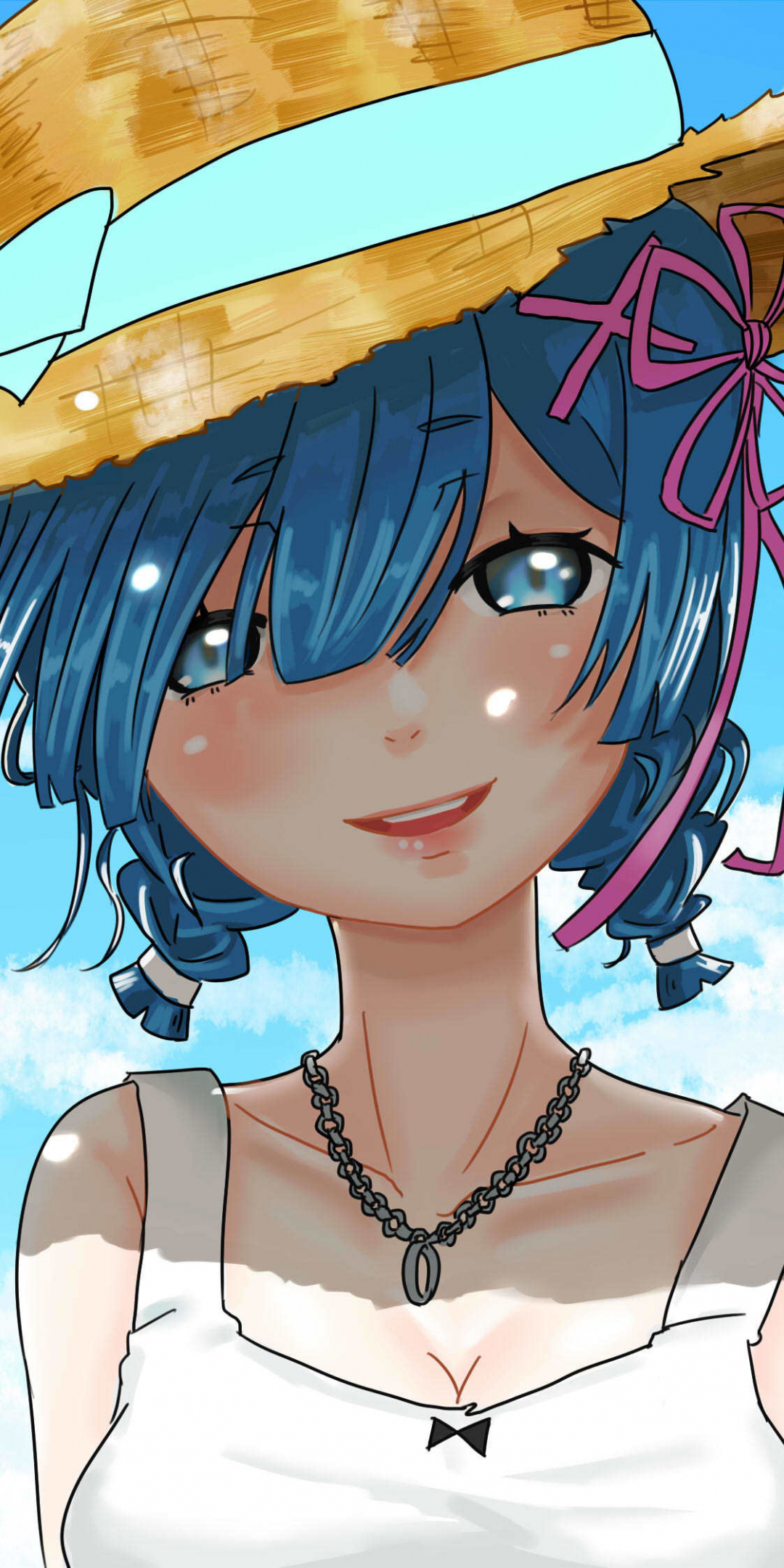 Rem, Re:Zero, anime girl, straw hat, beautiful, cute, 1080x2160 wallpaper
