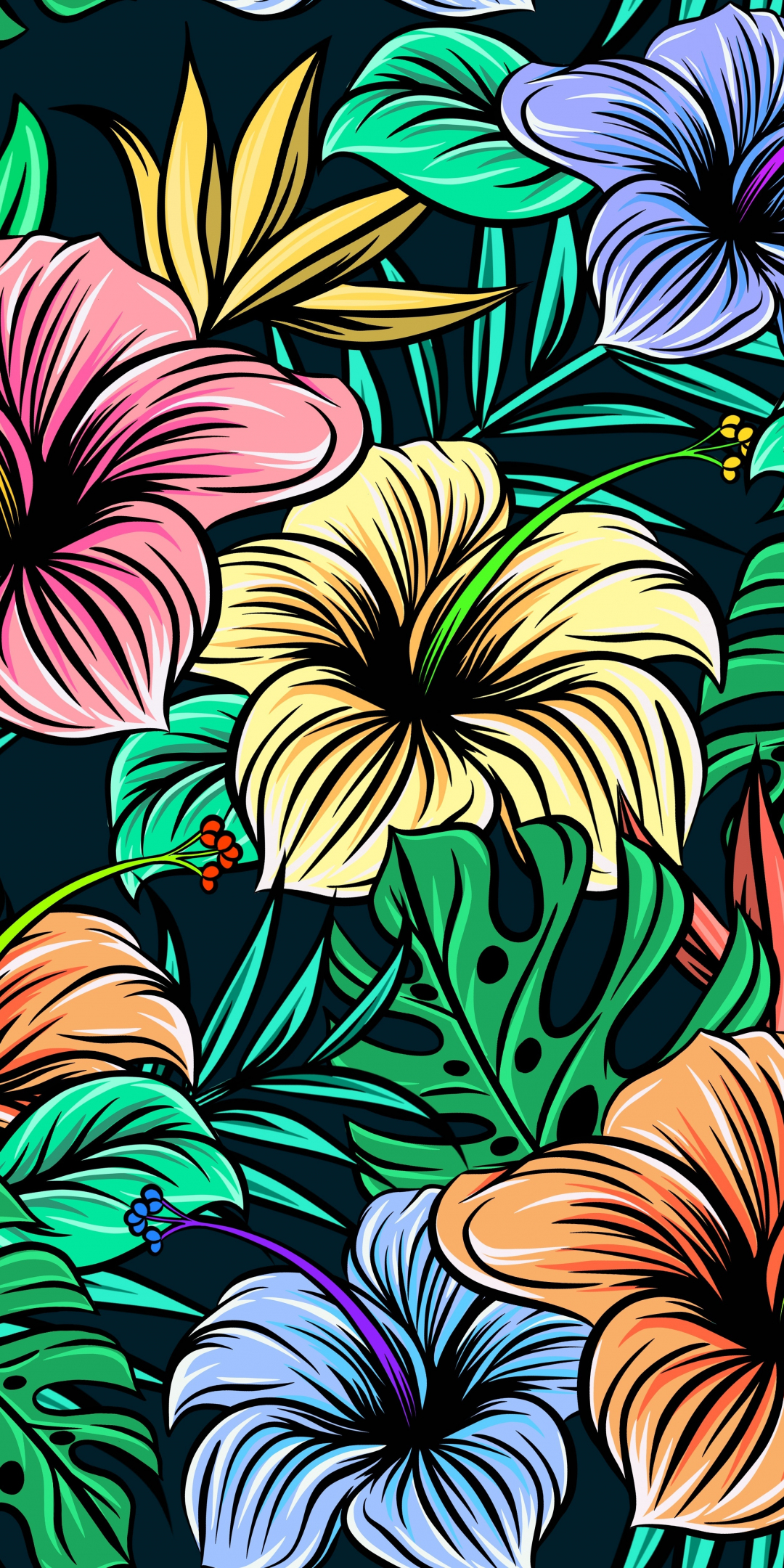 Colorful, flowers, leaf, digital art, 1080x2160 wallpaper