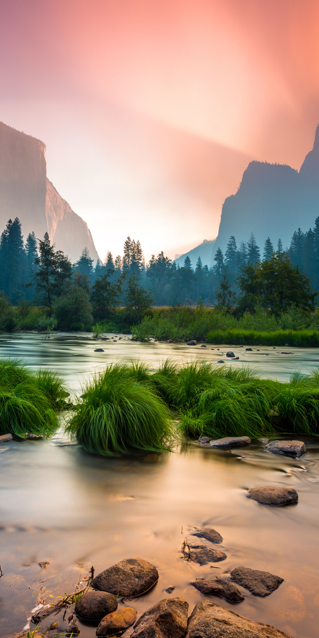 Sunrise, Yosemite National Park, stream, mountains, 1080x2160 wallpaper