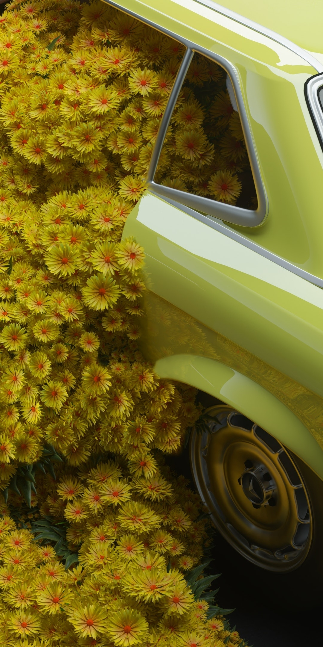 Car and flowers, Mercedes-Benz classic, 1080x2160 wallpaper
