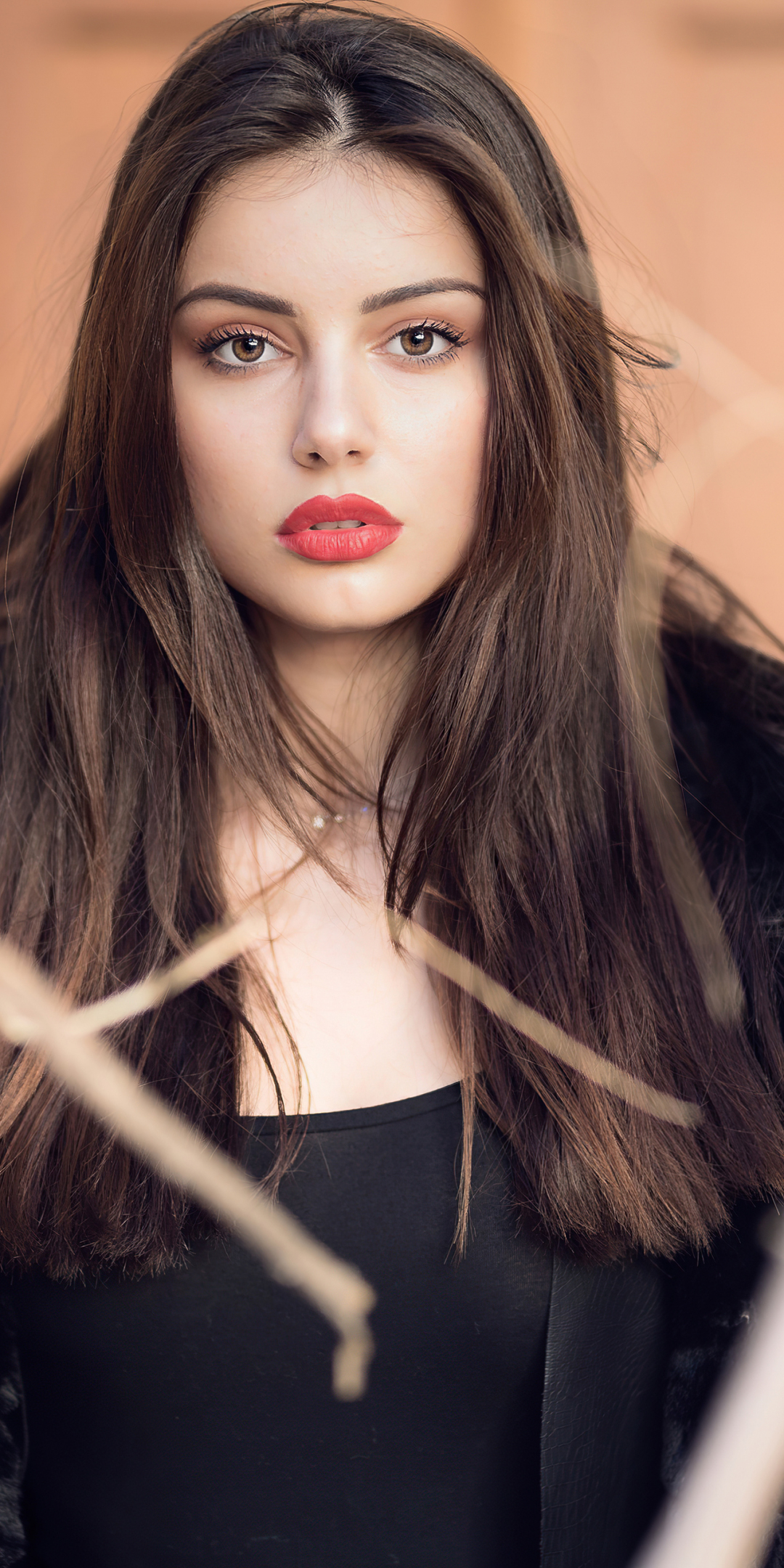 Girl in black jacket, gorgeous, brunette, 1080x2160 wallpaper