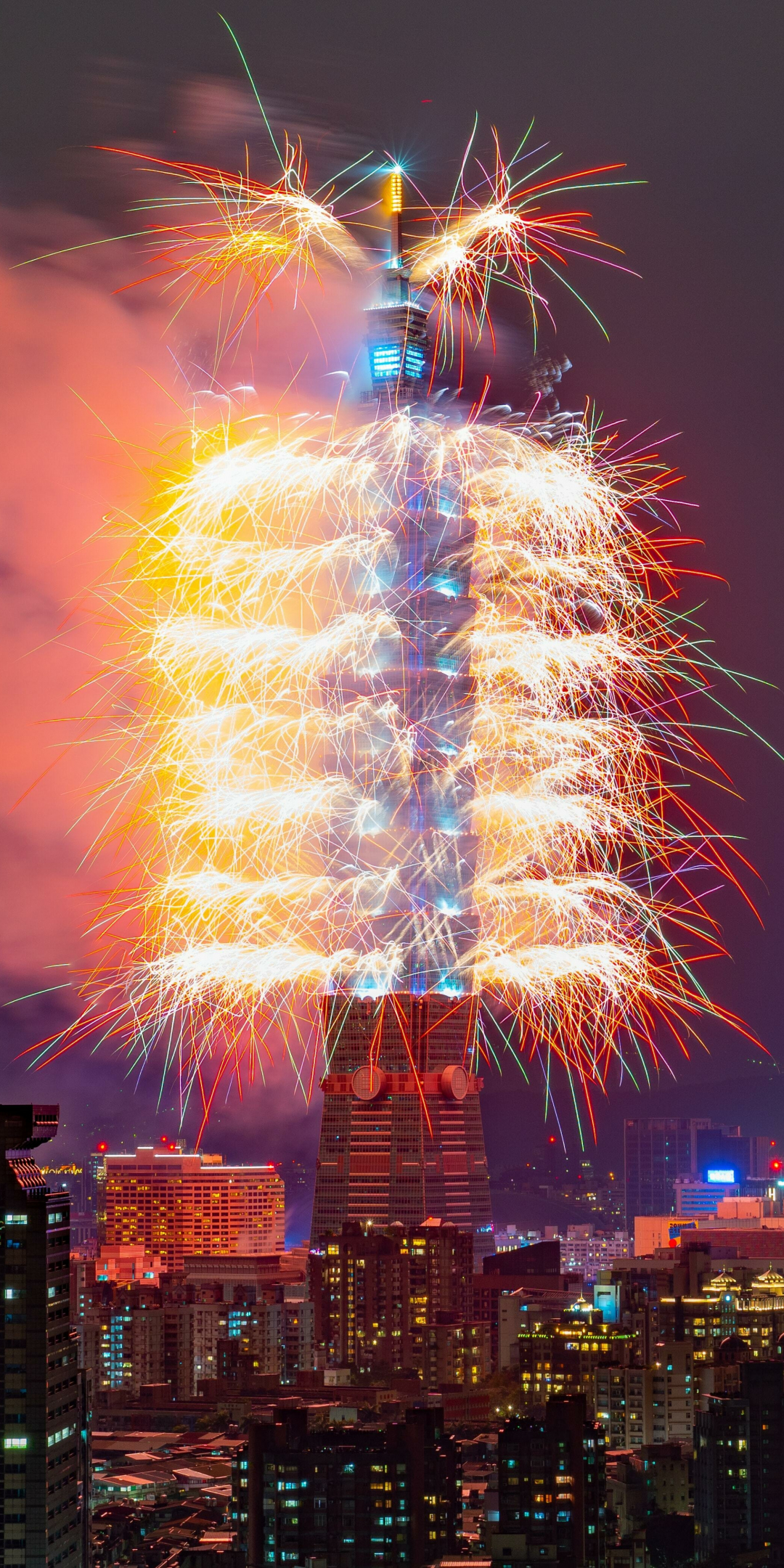 Fireworks at building, festival night, city, 1080x2160 wallpaper