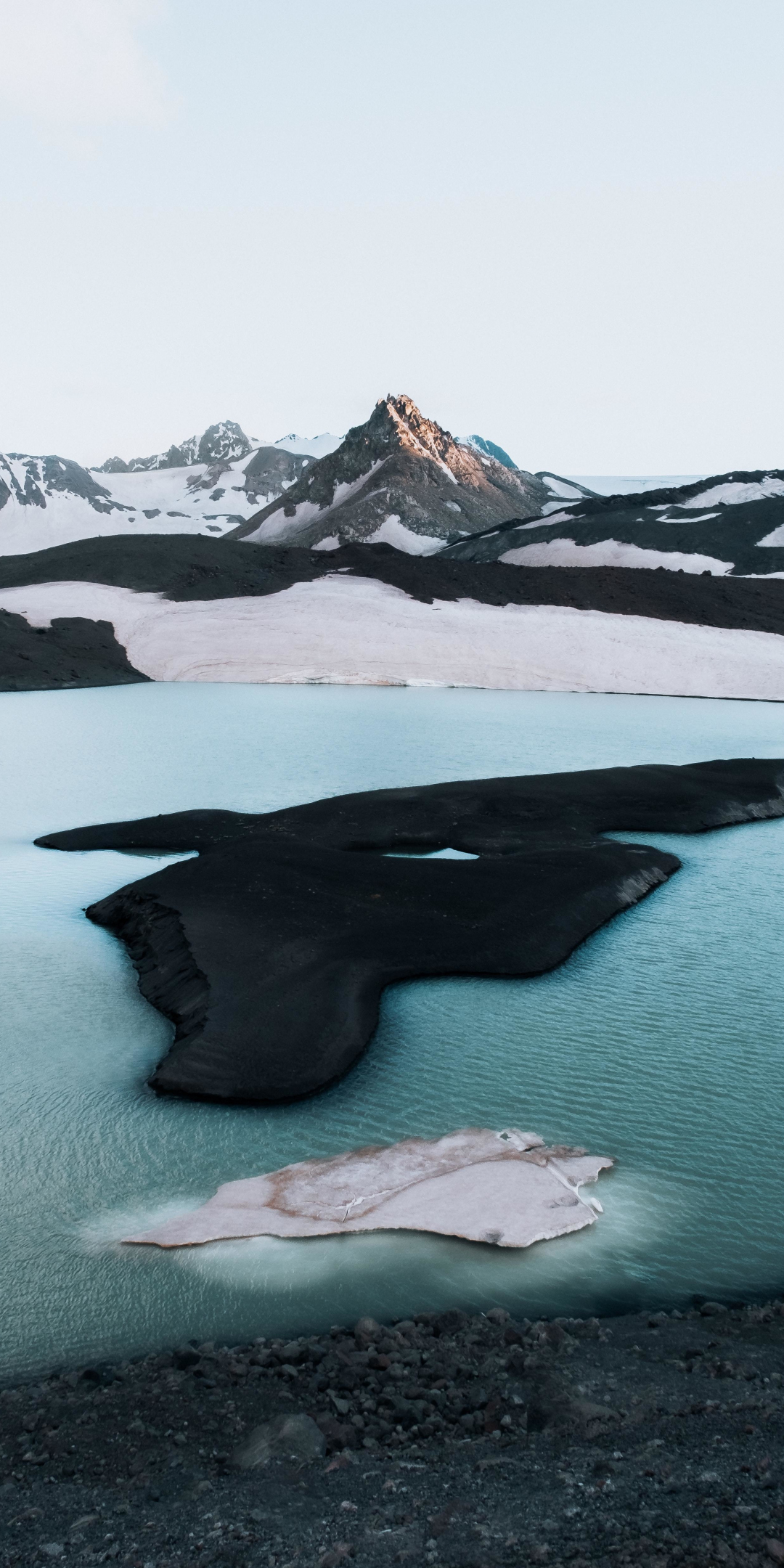 Black island, lake, mountains, aerial view, 1080x2160 wallpaper