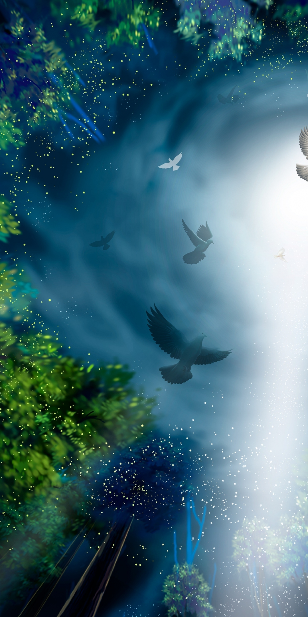 Midnight, forest, pigeons, moon light, art, 1080x2160 wallpaper