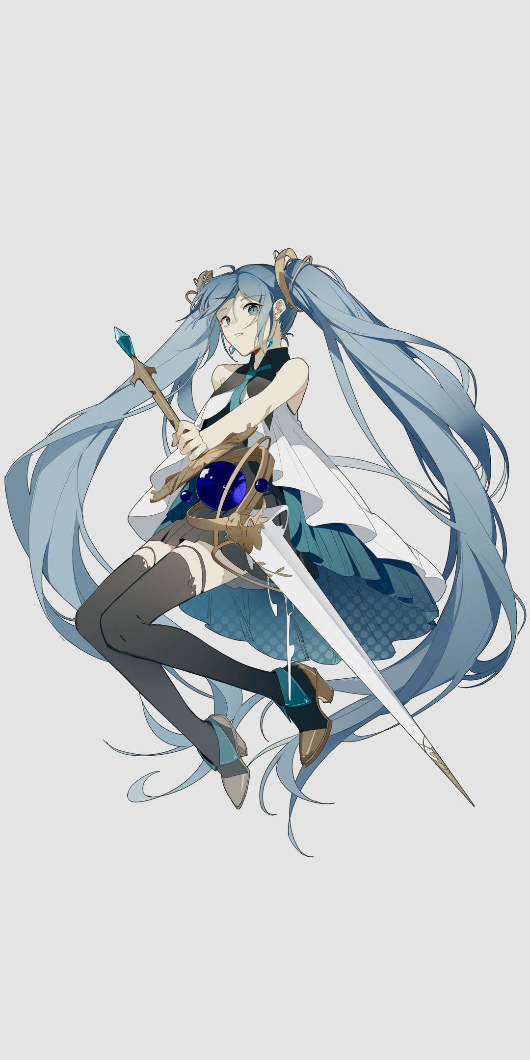 Minimal, Hatsune Miku with sword, artwork, 1080x2160 wallpaper