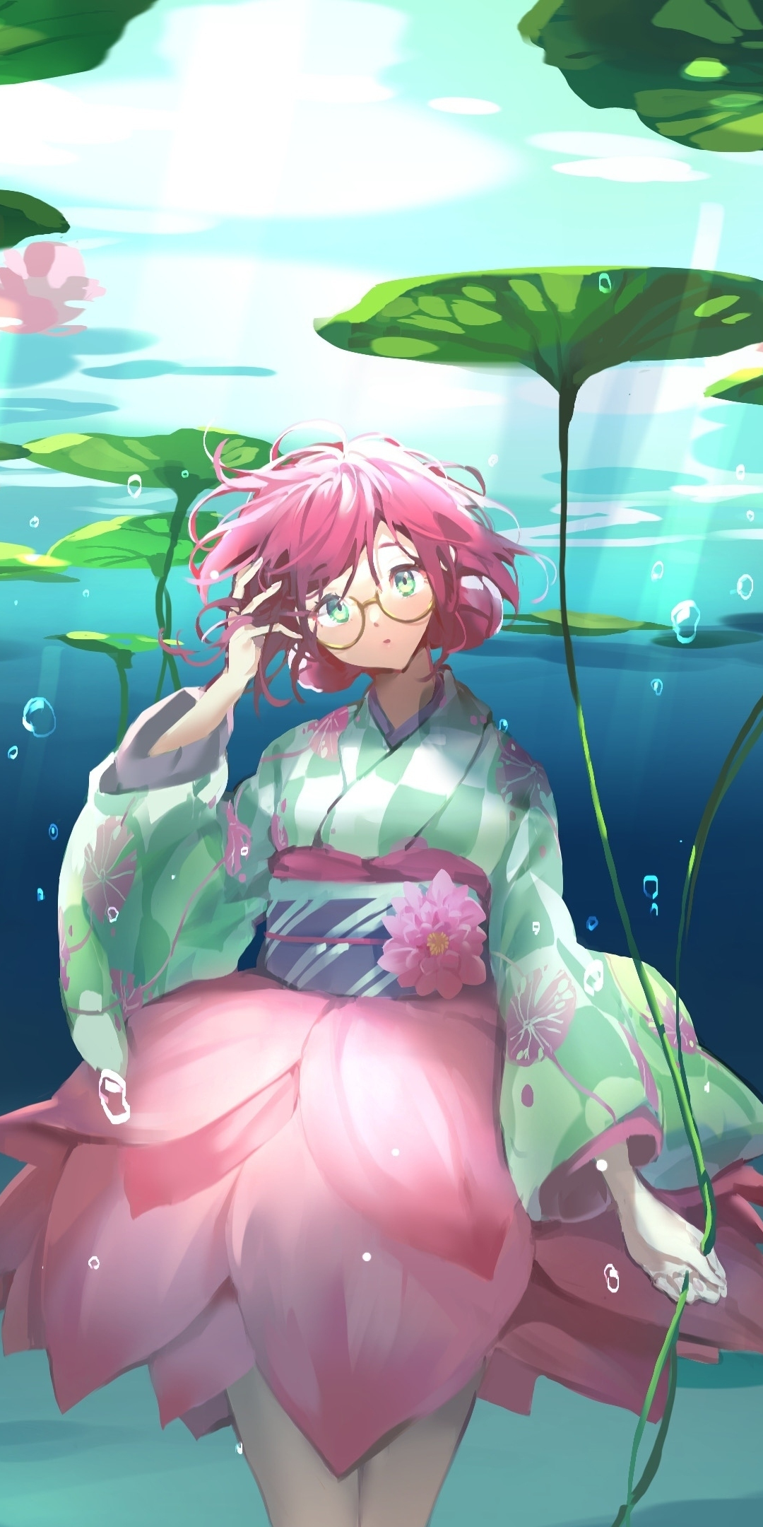 Flower girl, anime, underwater, 1080x2160 wallpaper