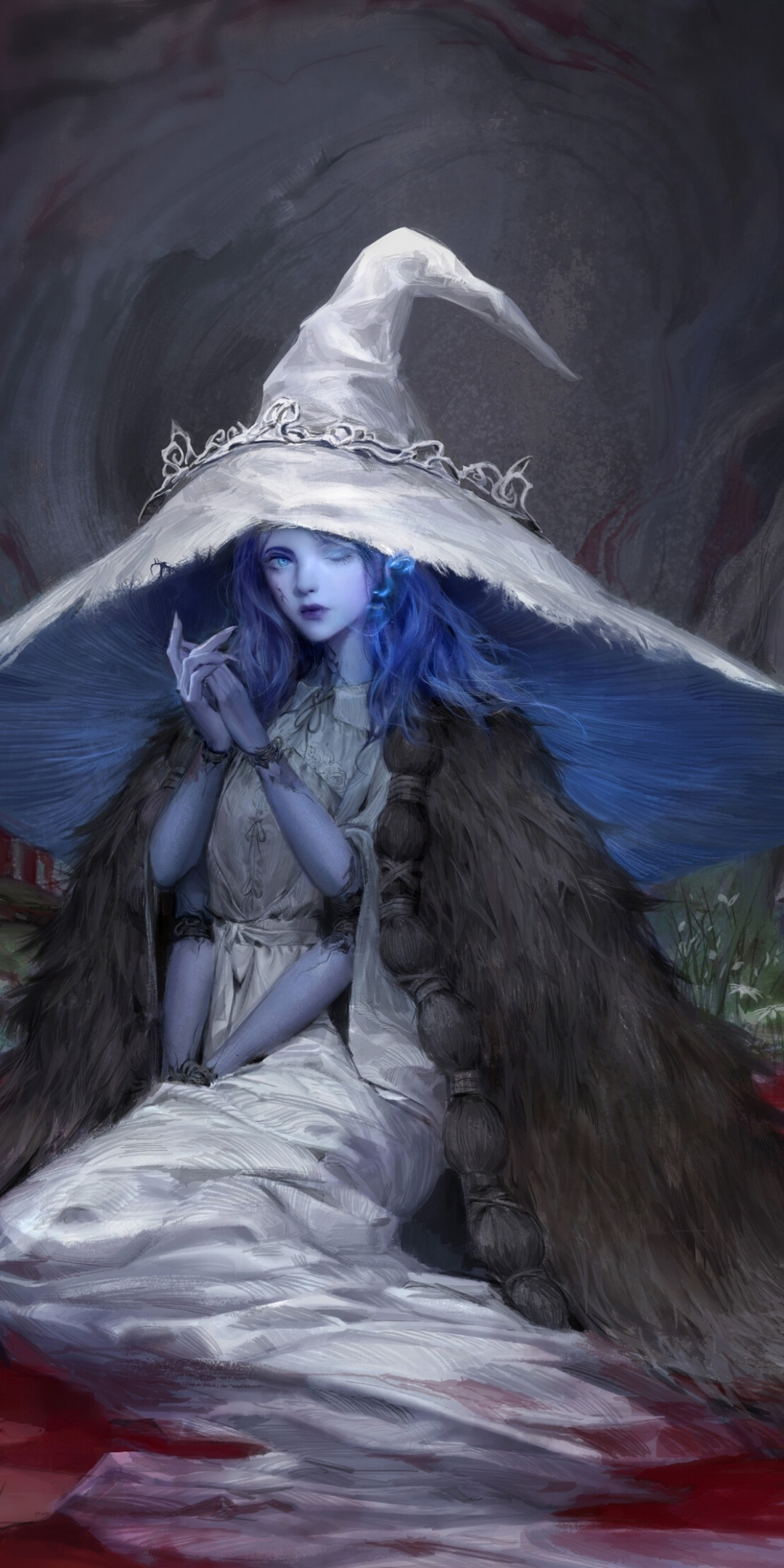 Witch, elden ring, blue eyes and hair, game art, 1080x2160 wallpaper