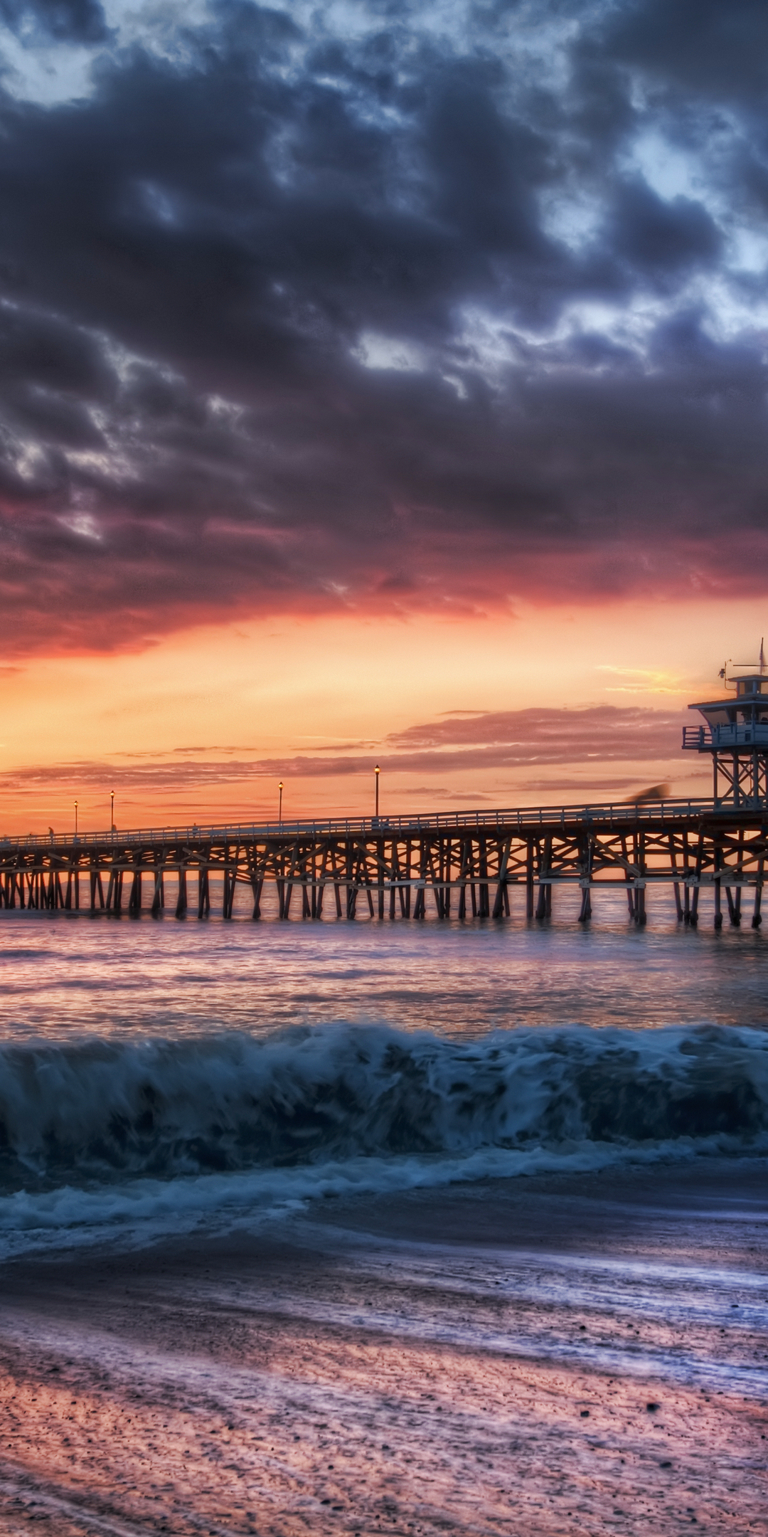 Wooden pier, beach, sunset, adorable view, 1080x2160 wallpaper
