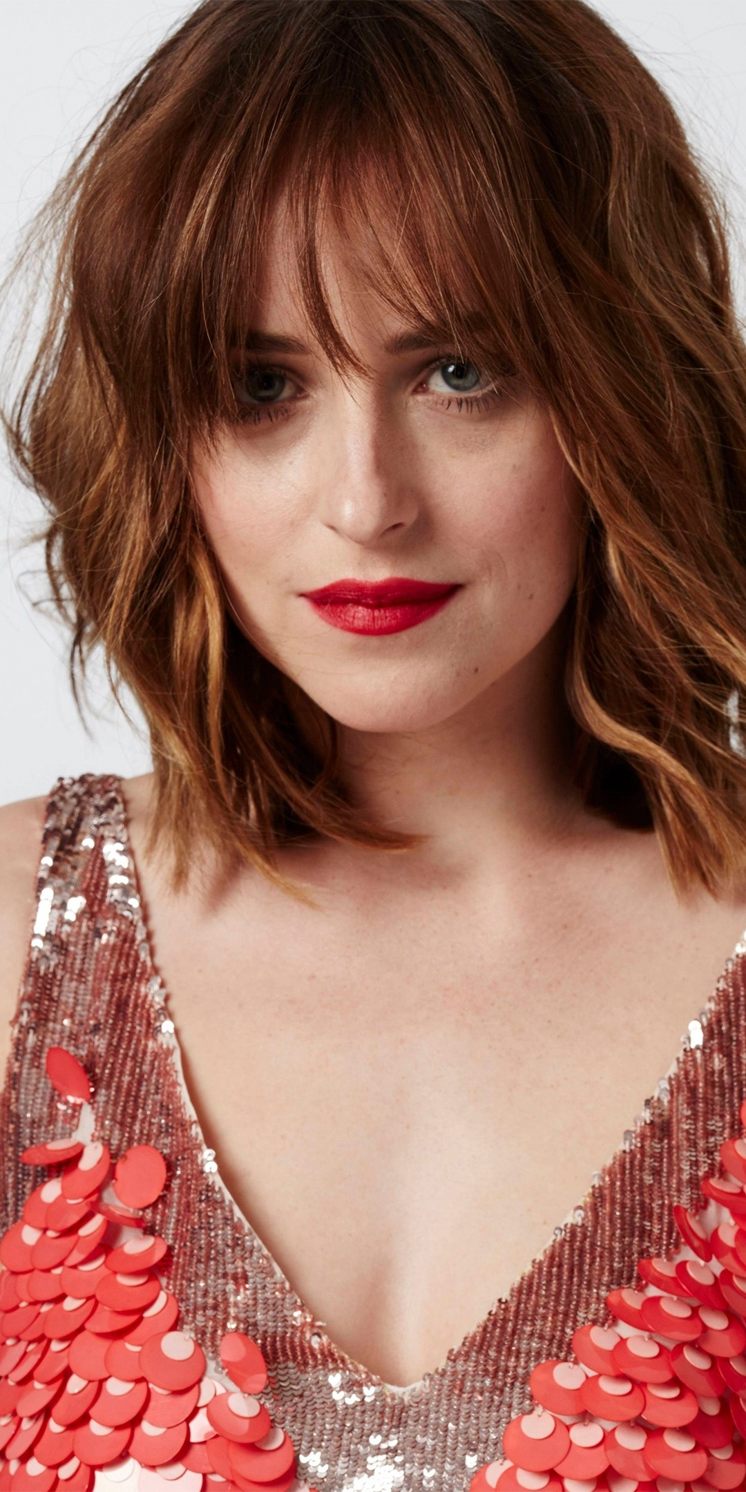 Pretty model, red lips, Dakota Johnson, 1080x2160 wallpaper
