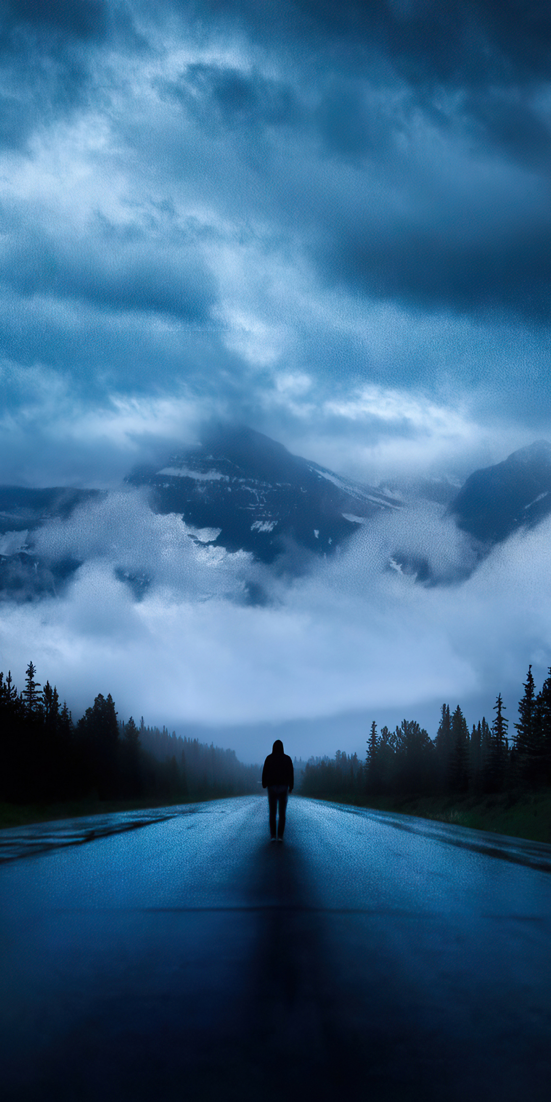 Walking alone, road, mountains, silhouette, dark, 1080x2160 wallpaper