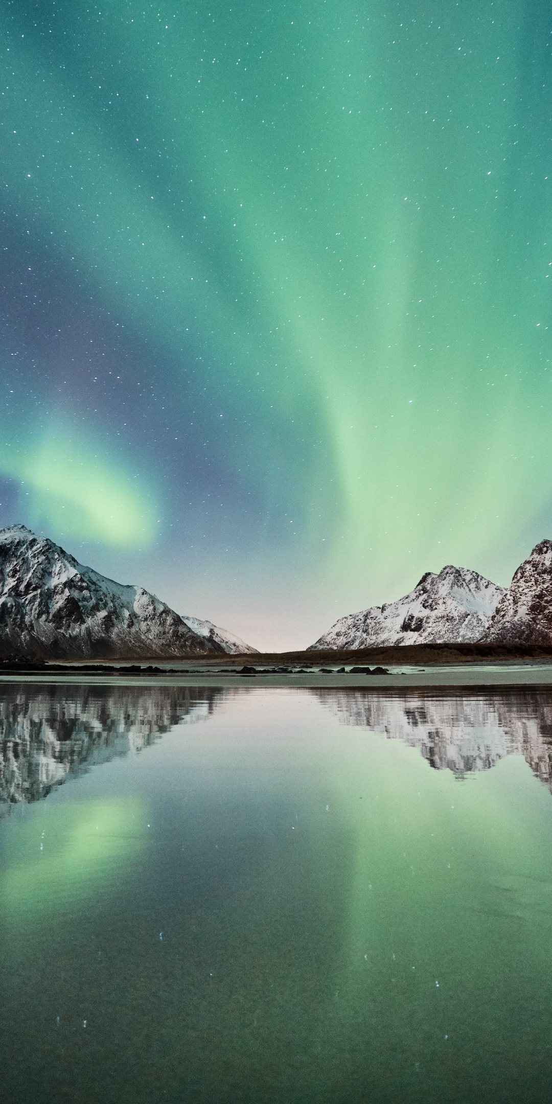 Northern lights, snow mountains, reflections, lake, reflections, 1080x2160 wallpaper