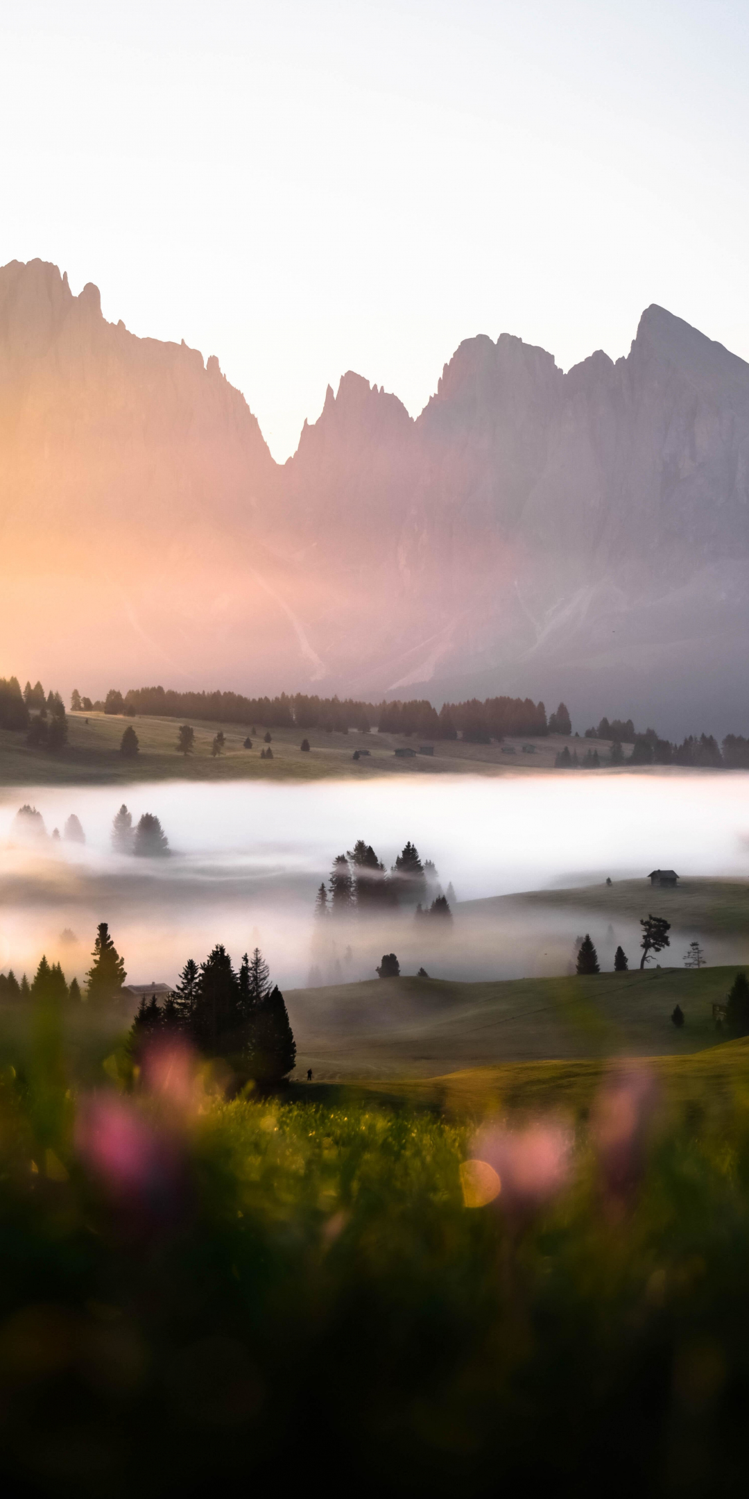 Mountains, mist, landscape, sunrise, 1080x2160 wallpaper
