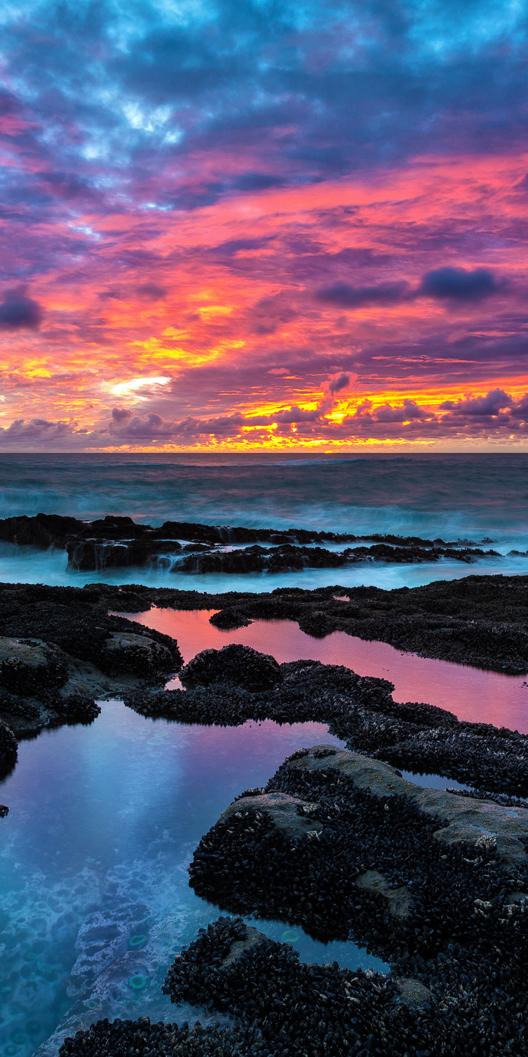 Sunset, rocky beach, clouds, nature, 1080x2160 wallpaper