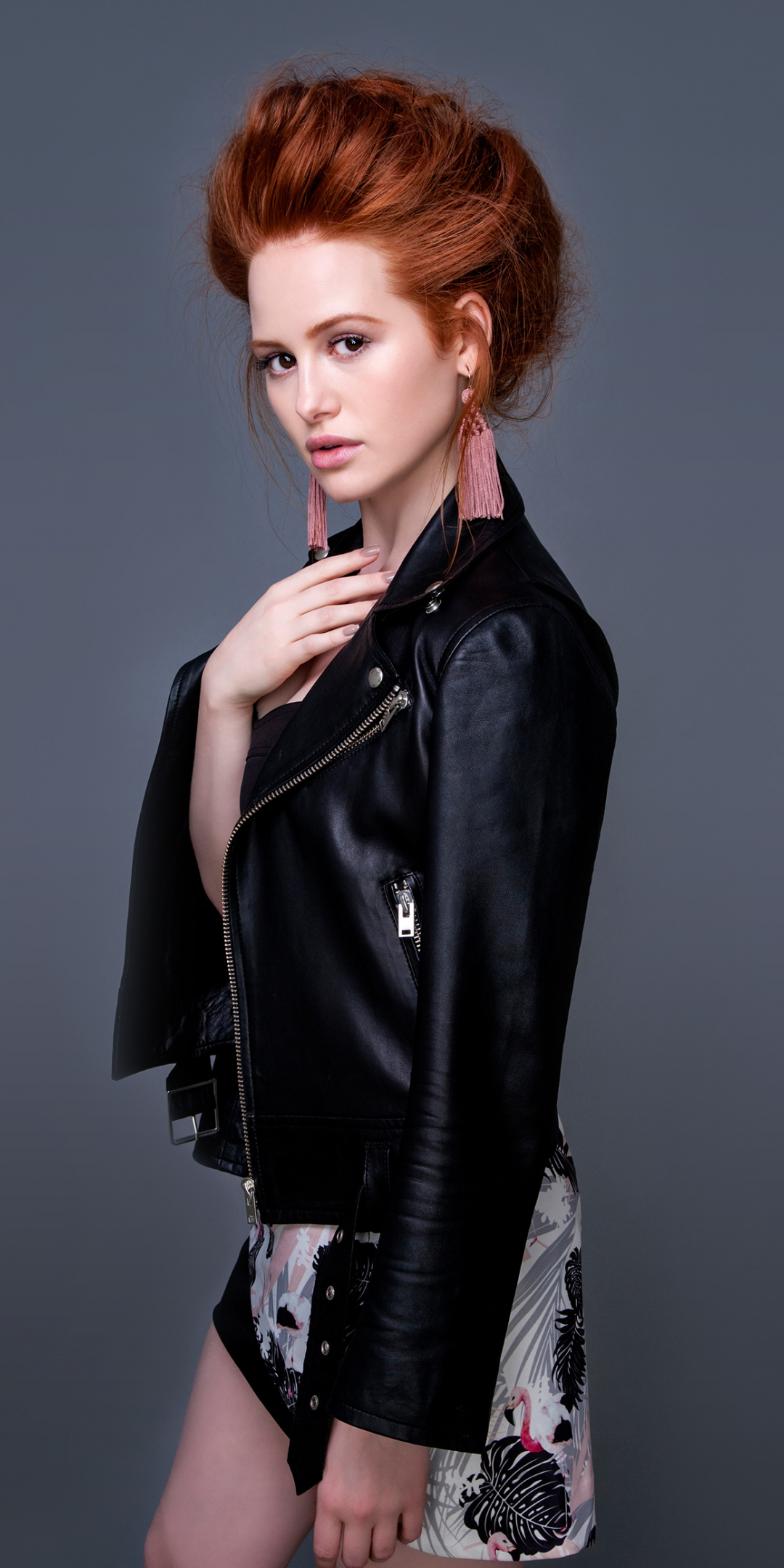Madelaine Petsch, red head, black jacket, 1080x2160 wallpaper