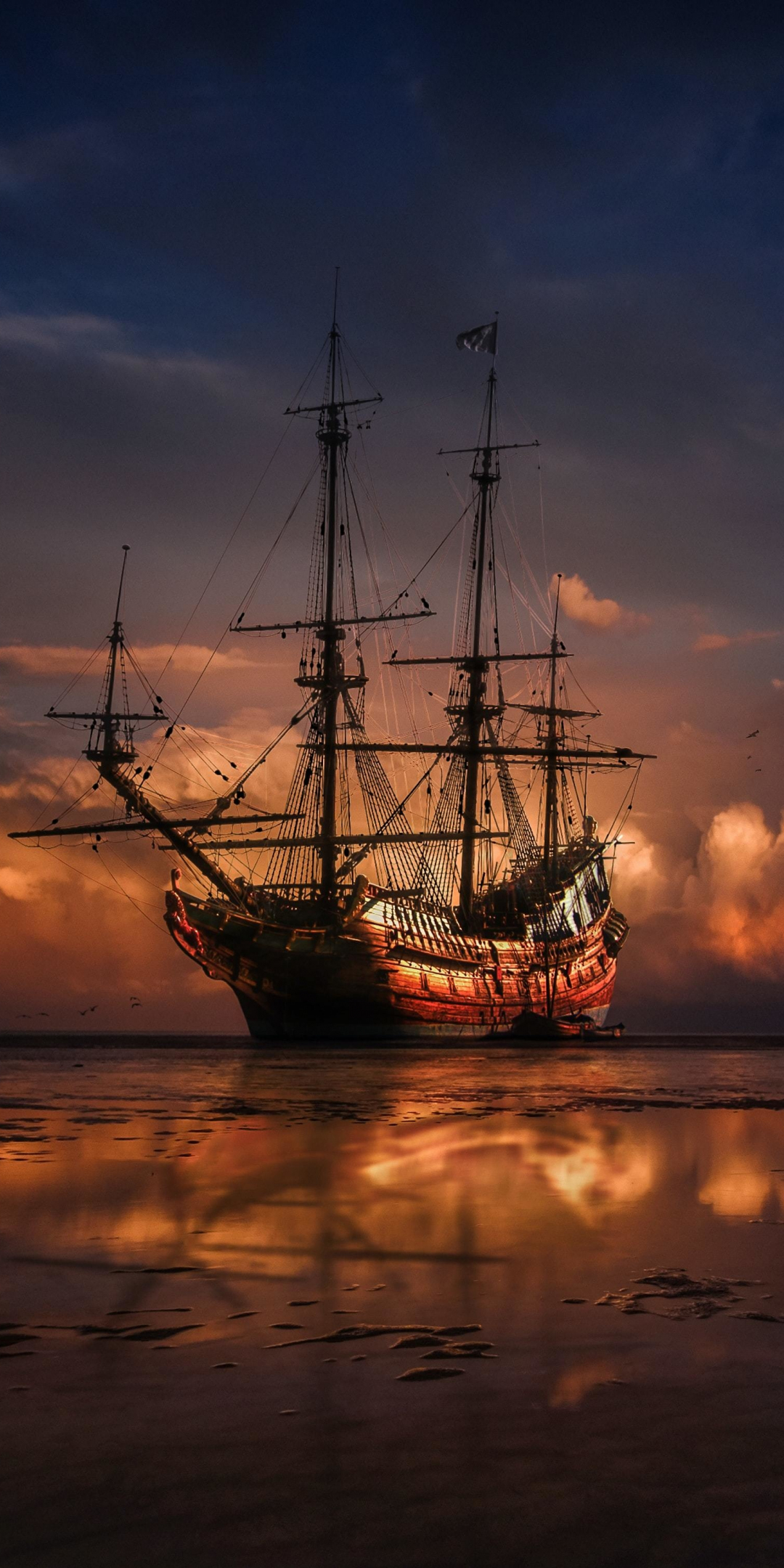 Sail ship, sunset, seashore, sea, 1080x2160 wallpaper