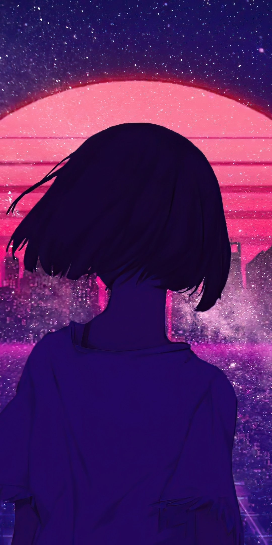 Girl, short hair, silhouette, cityscape, synthwave, 1080x2160 wallpaper