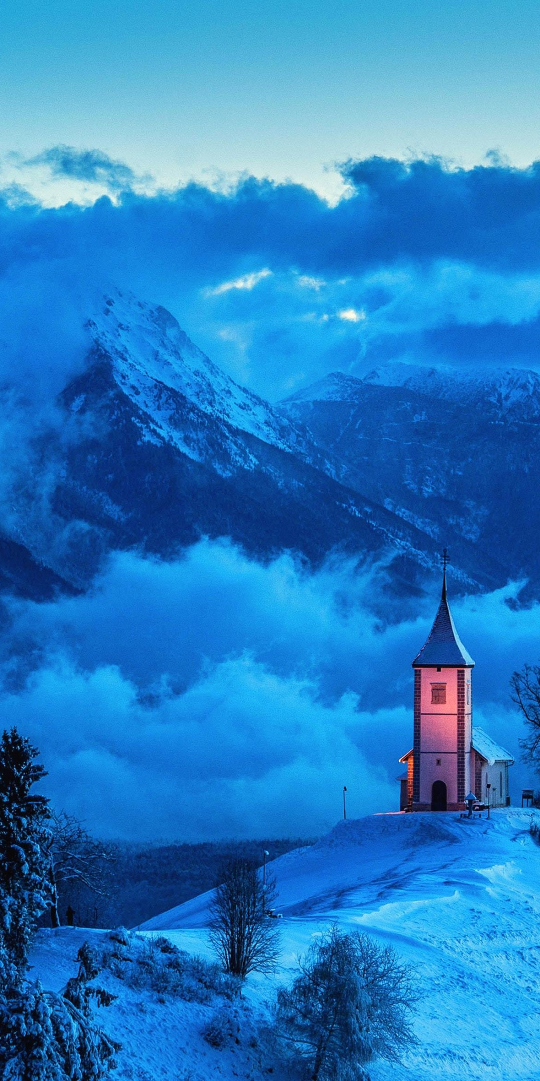 Church, mountains, clouds, evening, 1080x2160 wallpaper