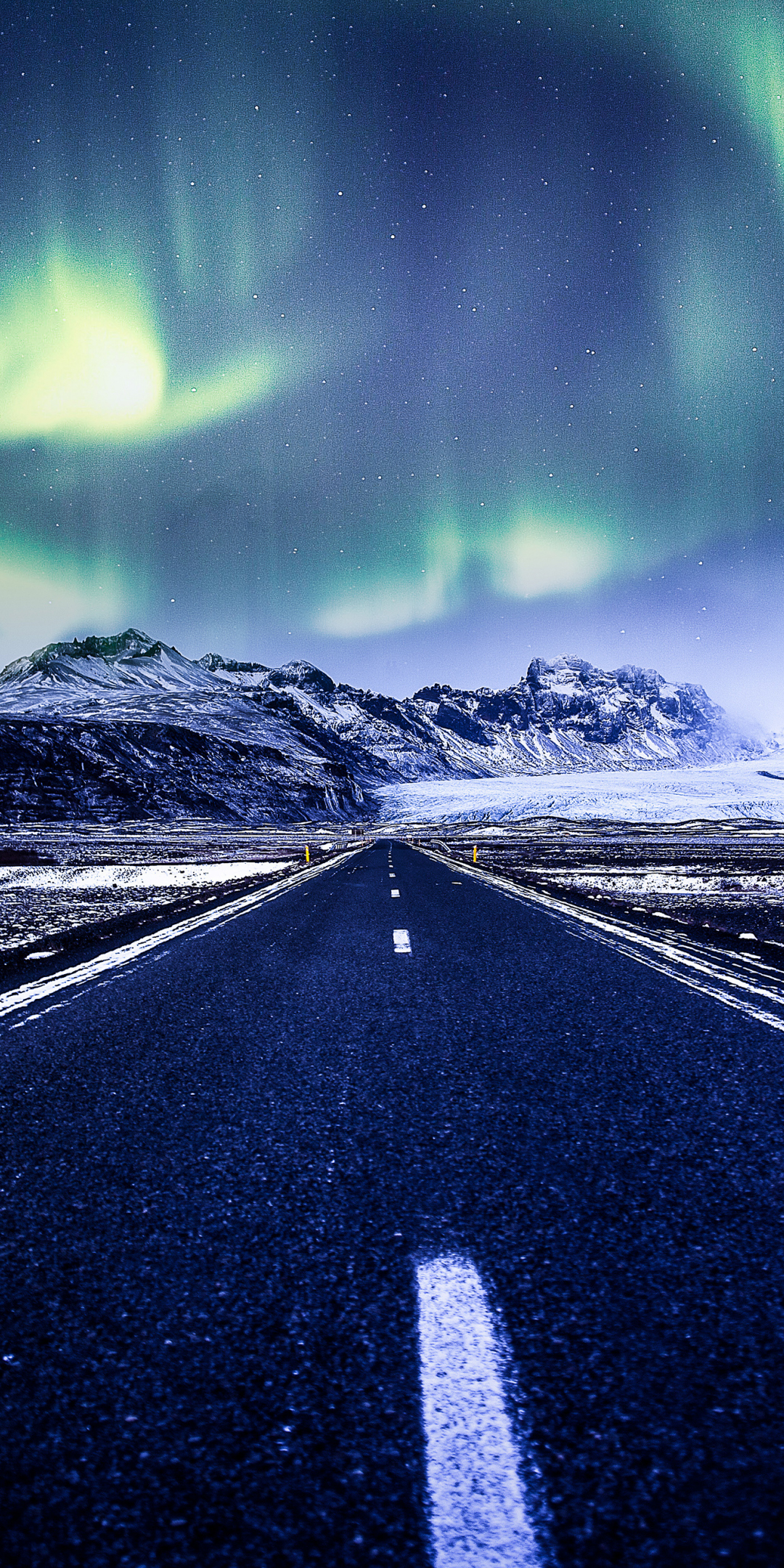 Aurora Borealis, Northern Lights, highway, road, winter, 1080x2160 wallpaper