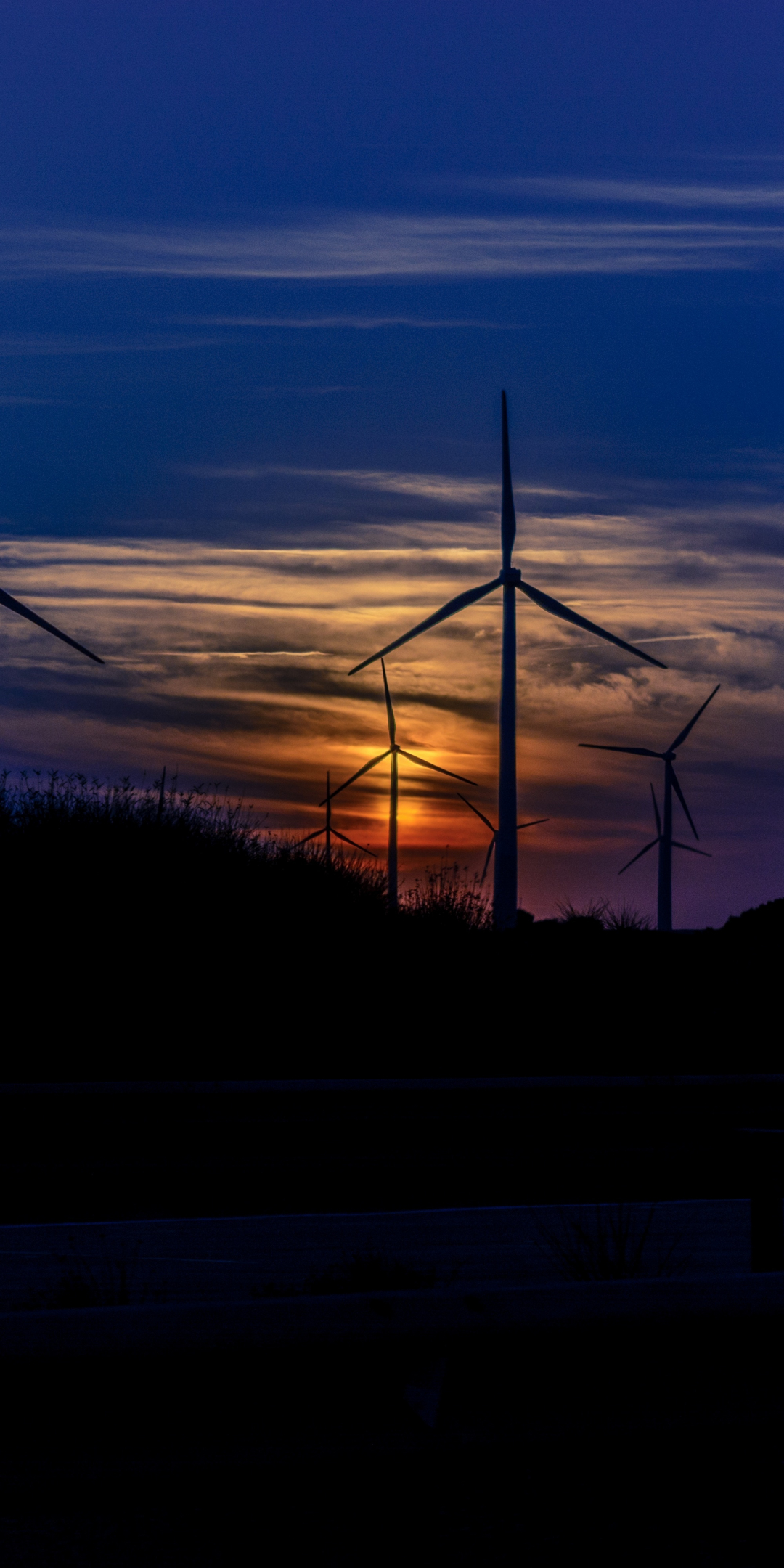 Sunset, wind mills, turbines, blue sky, 1080x2160 wallpaper