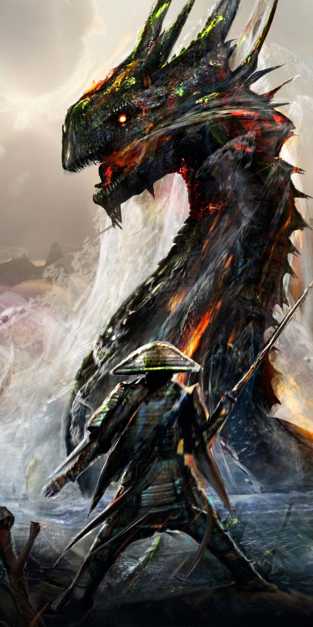 Dragons and ninjas, warriors, art, fantasy, 1080x2160 wallpaper