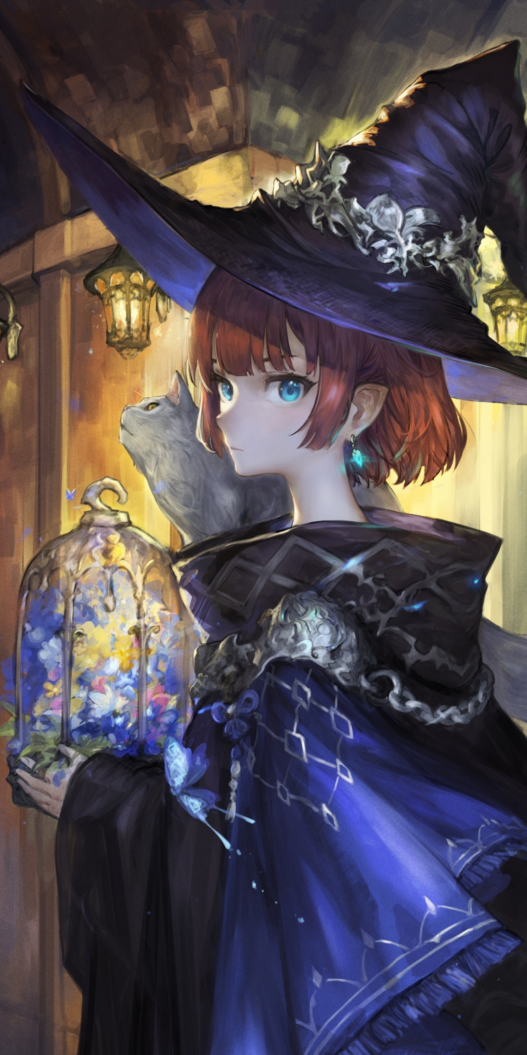 Beautiful wizard, anime girl, redhead, art, 1080x2160 wallpaper