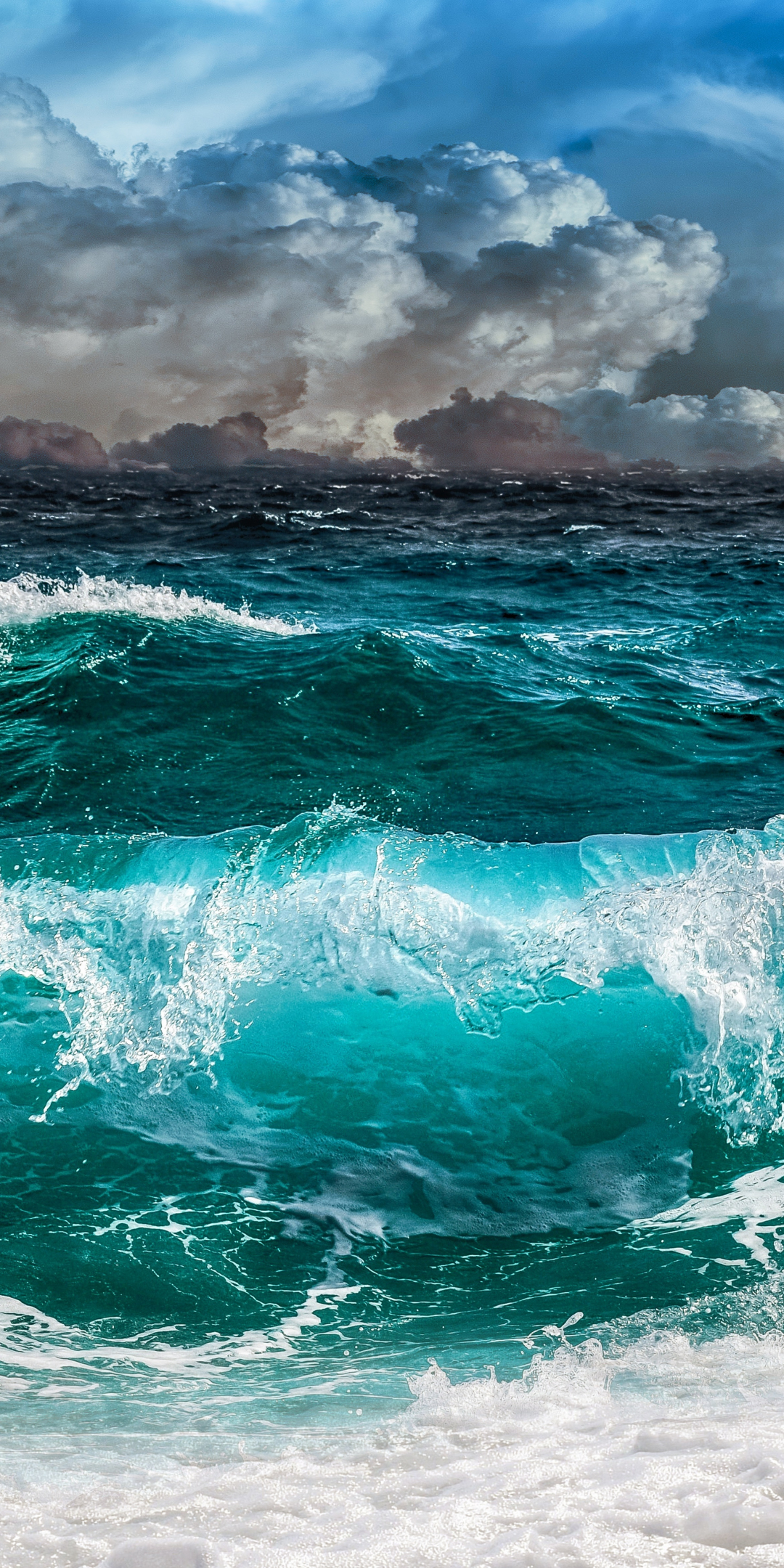 Waves sea, sky, clouds, blue-green, storm, 1080x2160 wallpaper