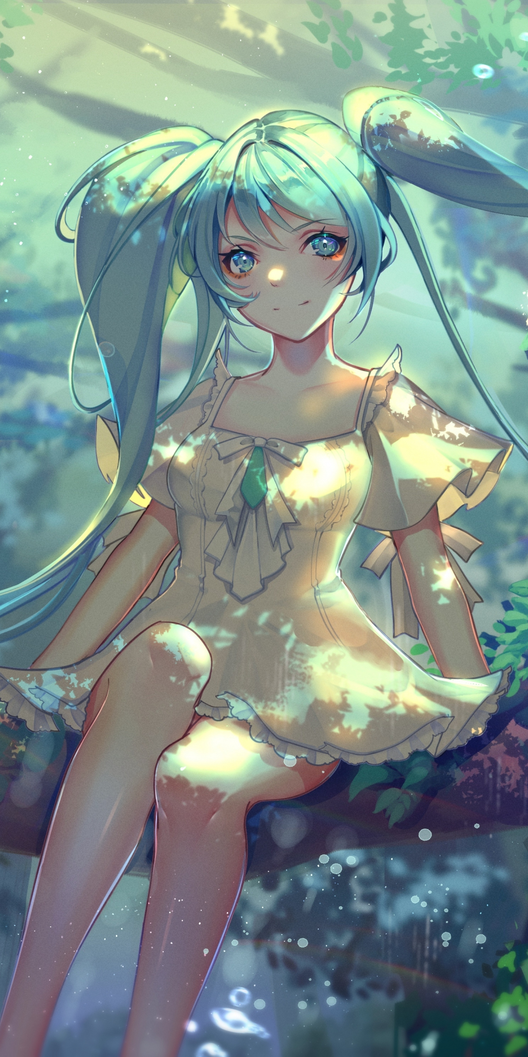 Hatsune Miku, sitting on tree, forest, art, 1080x2160 wallpaper