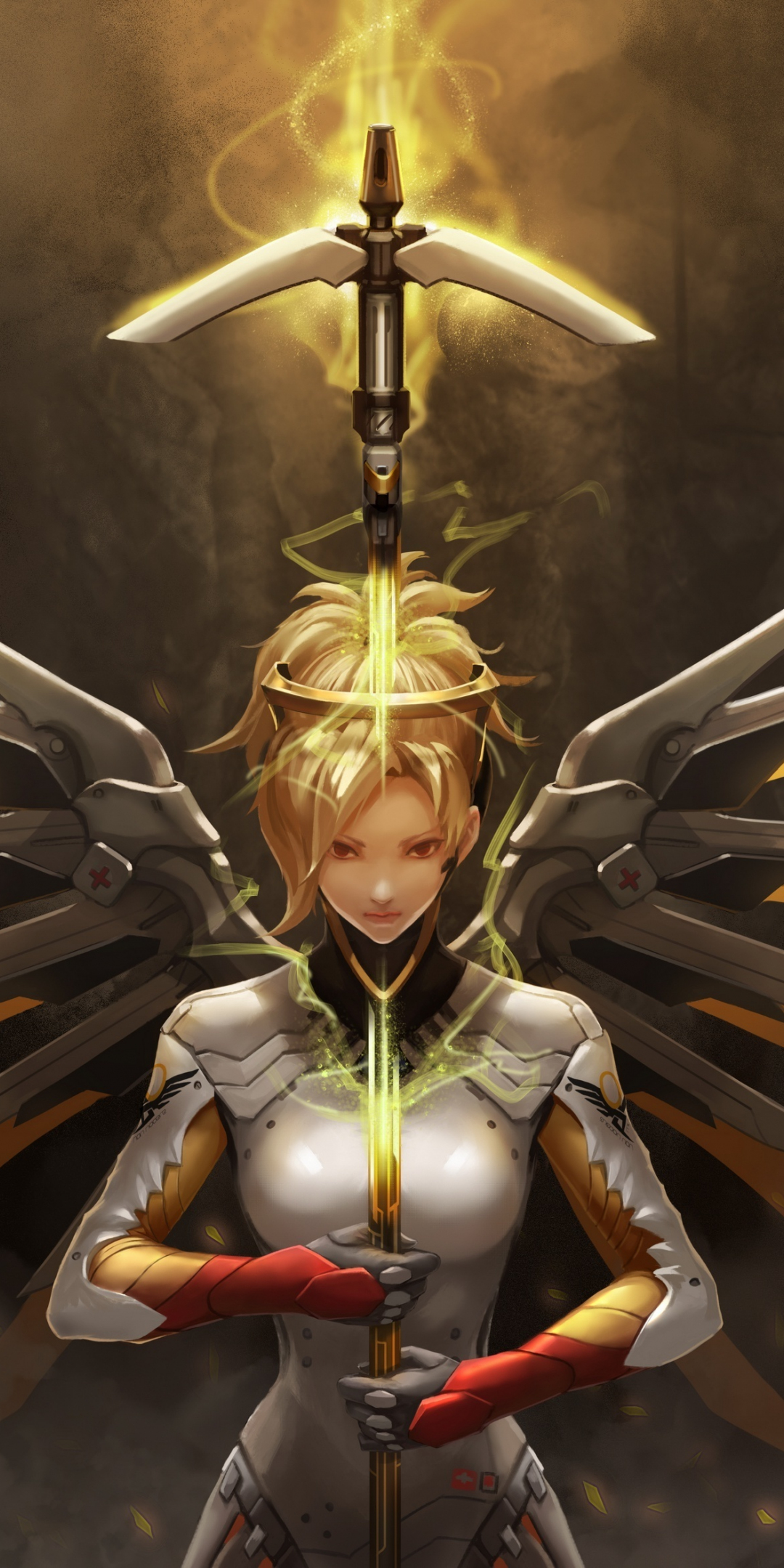 Robotic wings, mercy, angel, overwatch, artwork, 1080x2160 wallpaper