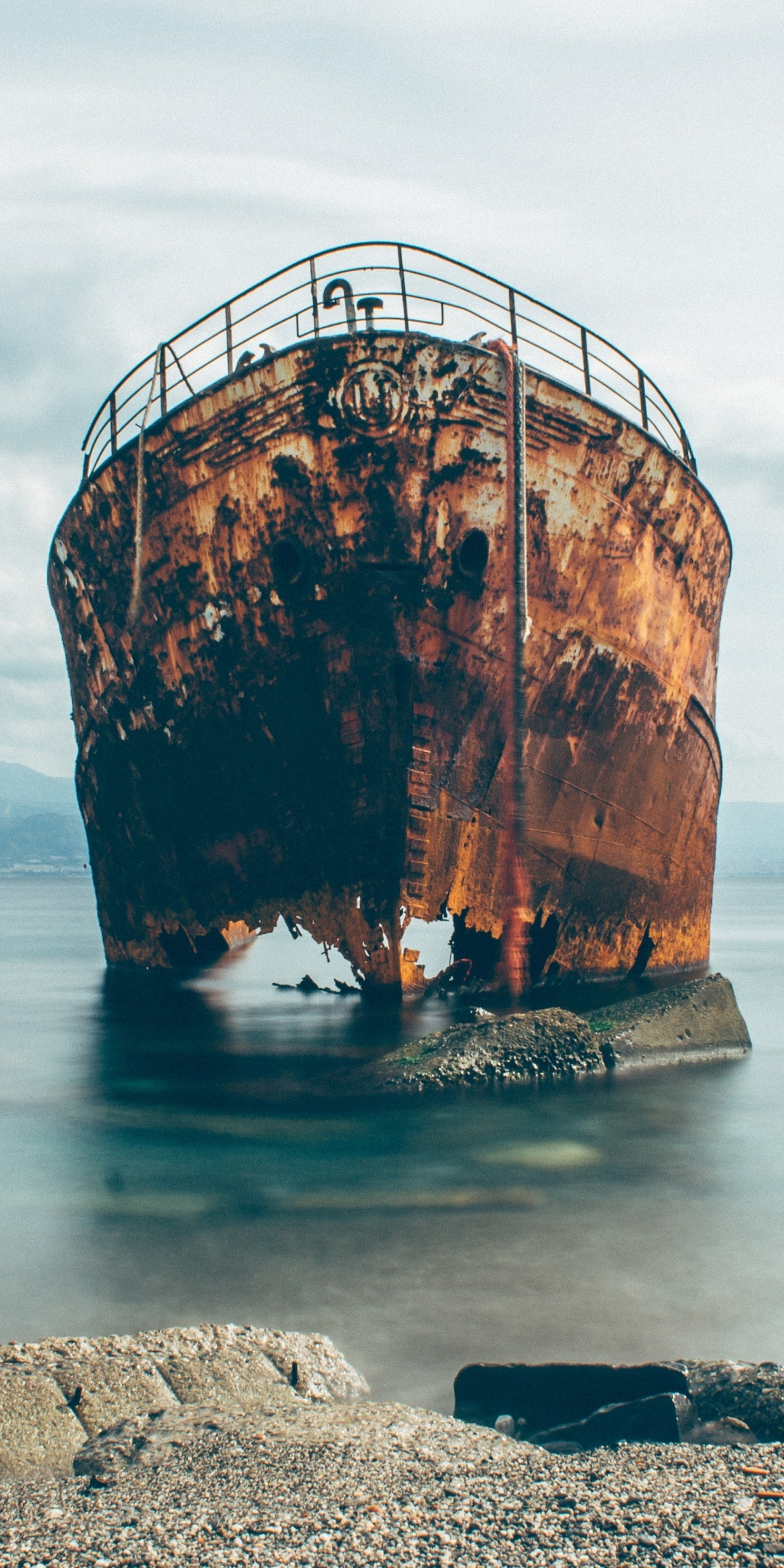 Wreck ship, coast, sea, 1080x2160 wallpaper