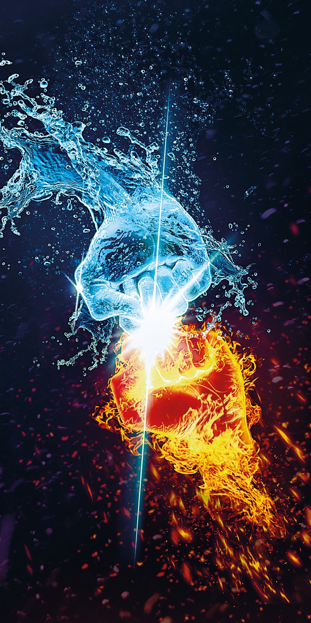 Flame and water, fists, hands, fantasy, 1080x2160 wallpaper