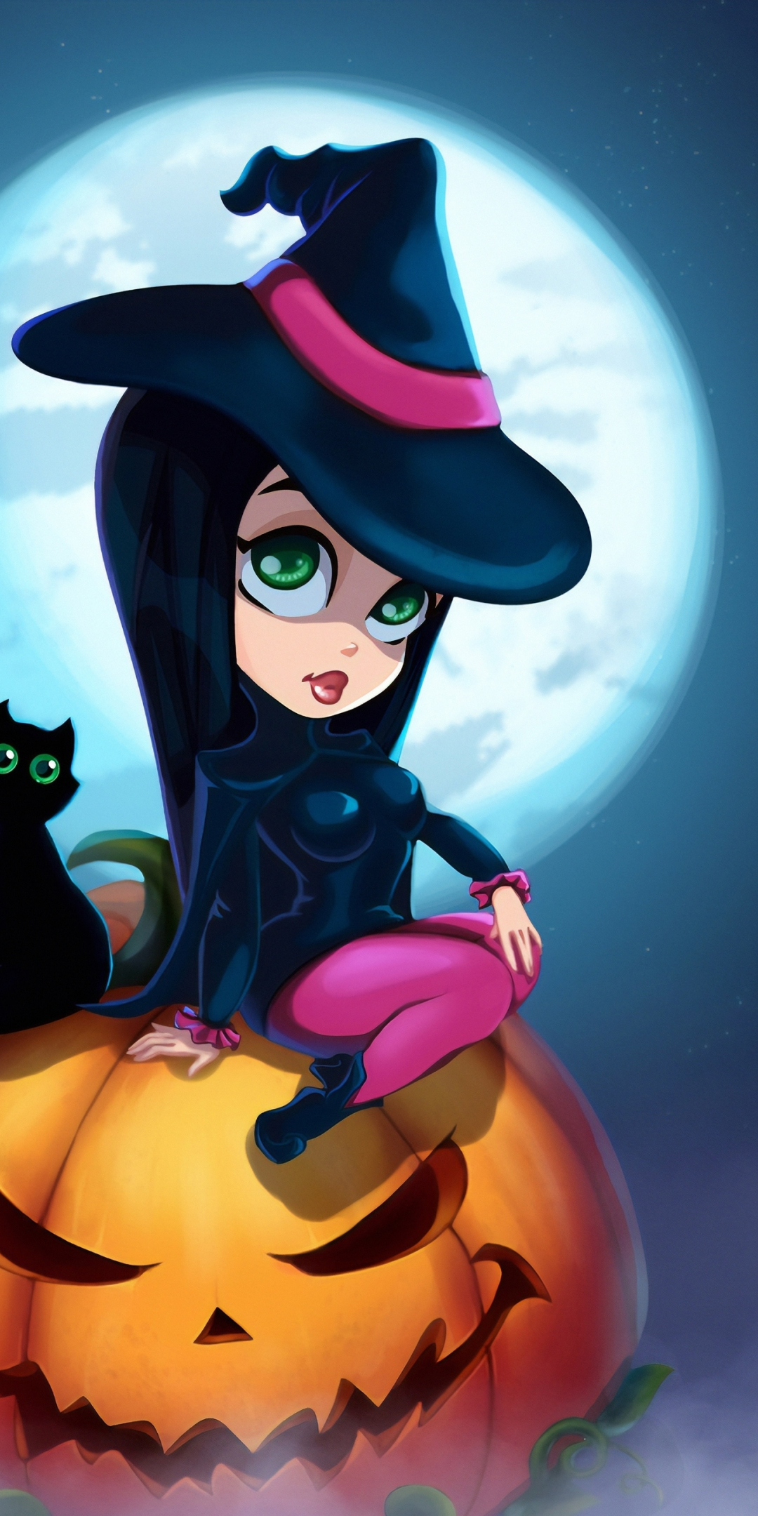 Cute witch and kitten, Halloween, art, 1080x2160 wallpaper
