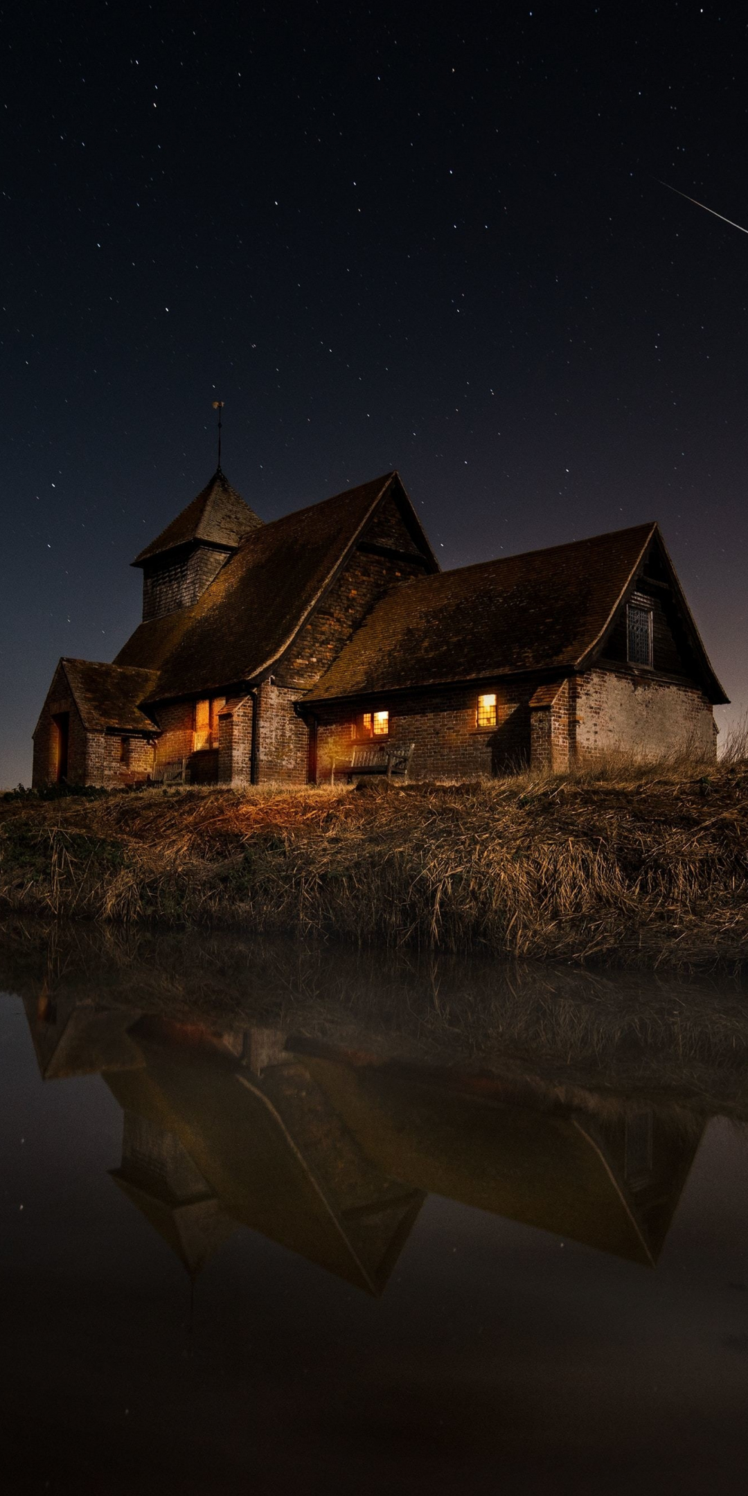 Lakeside house, reflections, night, 1080x2160 wallpaper