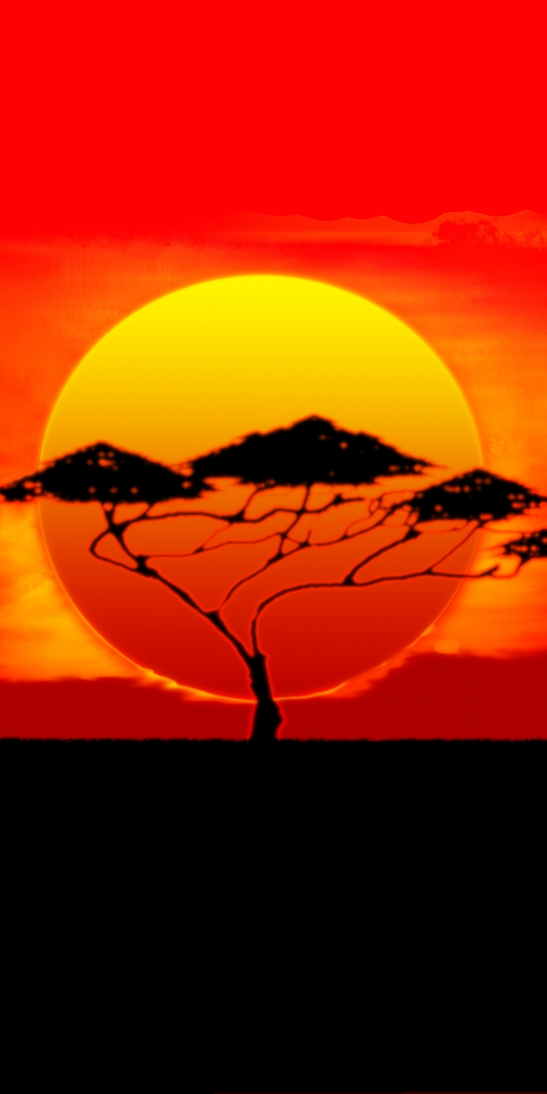 Been a long day, big tree and sun, sunset, art, 1080x2160 wallpaper