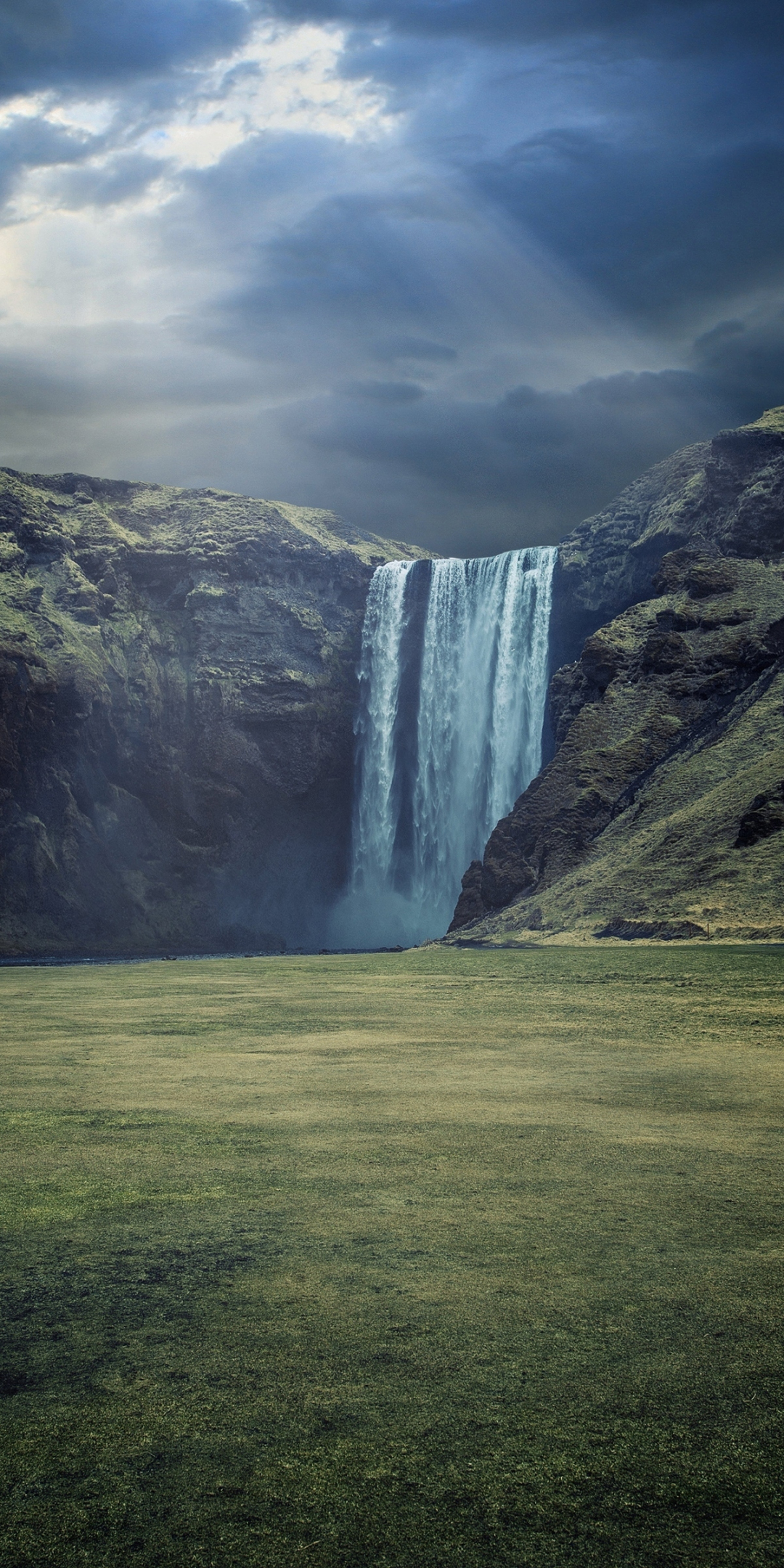 skógafoss waterfalls of Iceland, cliffs, green landscape, nature, 1080x2160 wallpaper