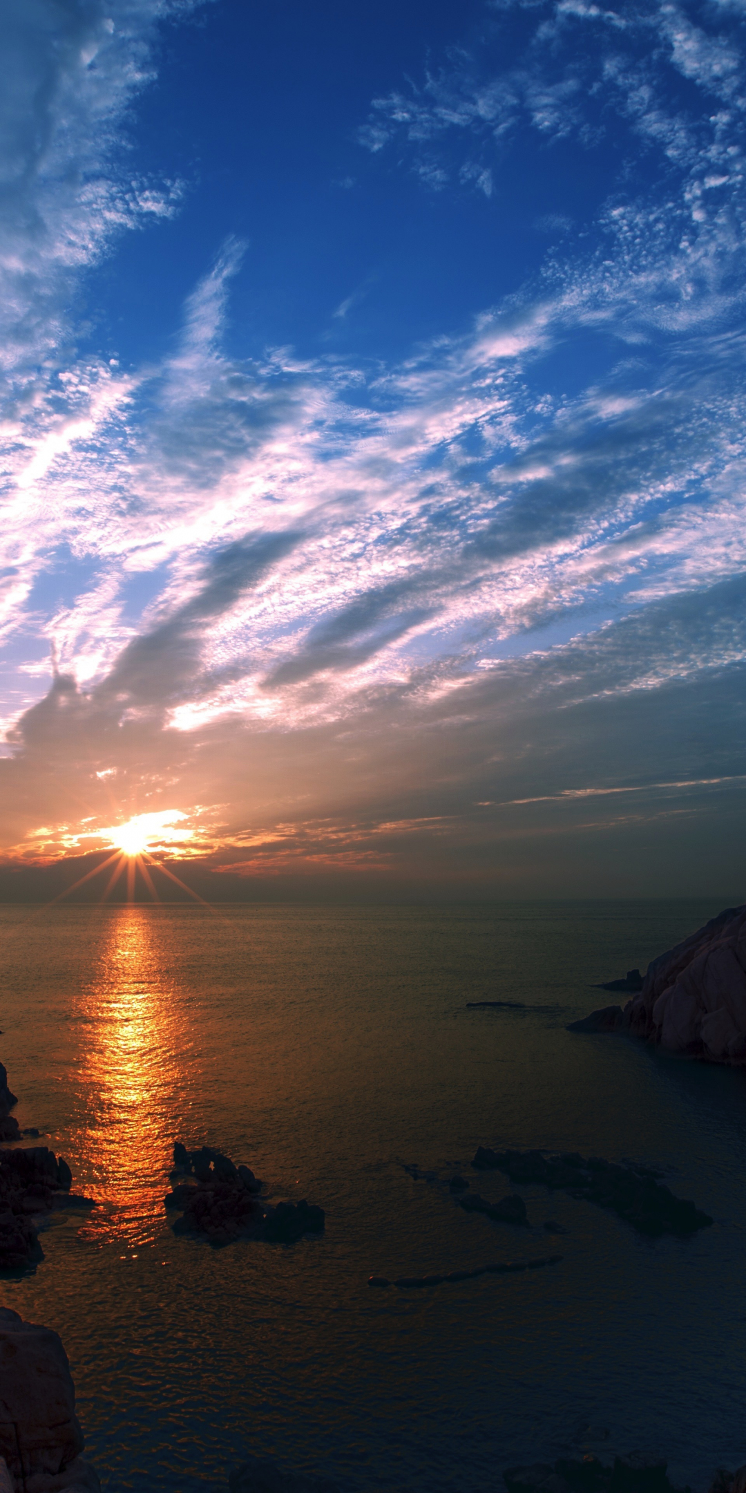 Beautiful sunrise, blue sky view, coast, 1080x2160 wallpaper
