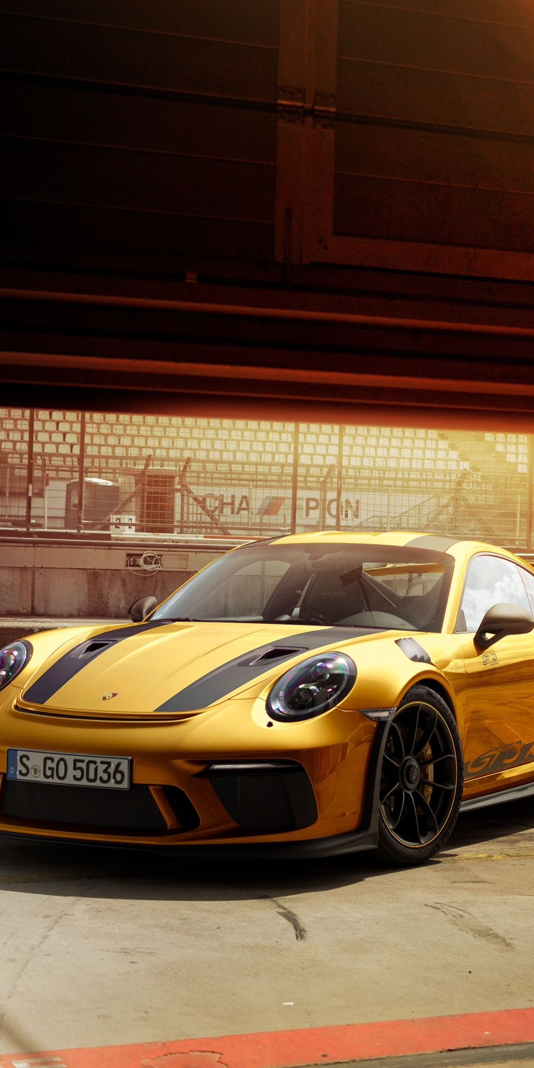 Golden car, Porsche 911 GT3, 1080x2160 wallpaper