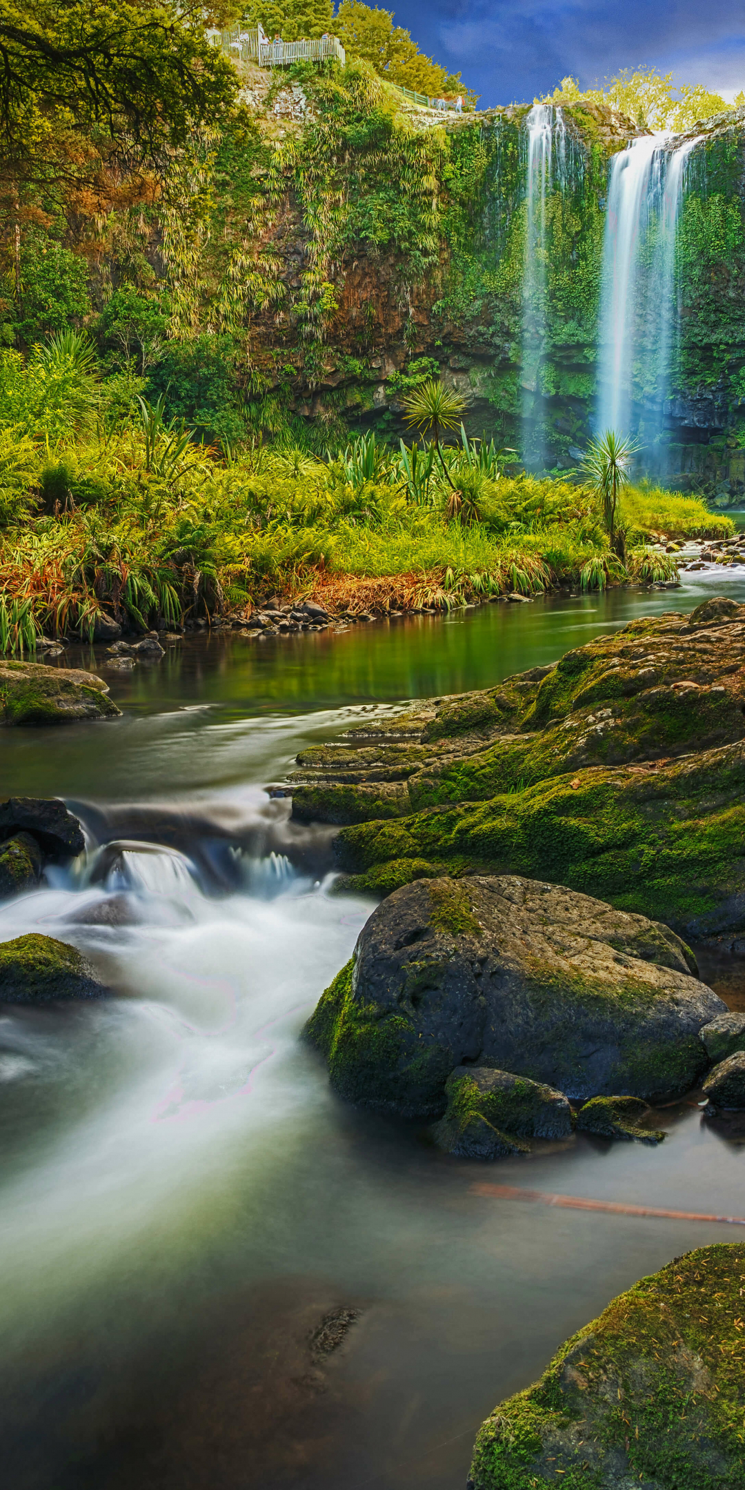 Waterfall, flowing river, forest, green and beautiful nature, 1080x2160 wallpaper