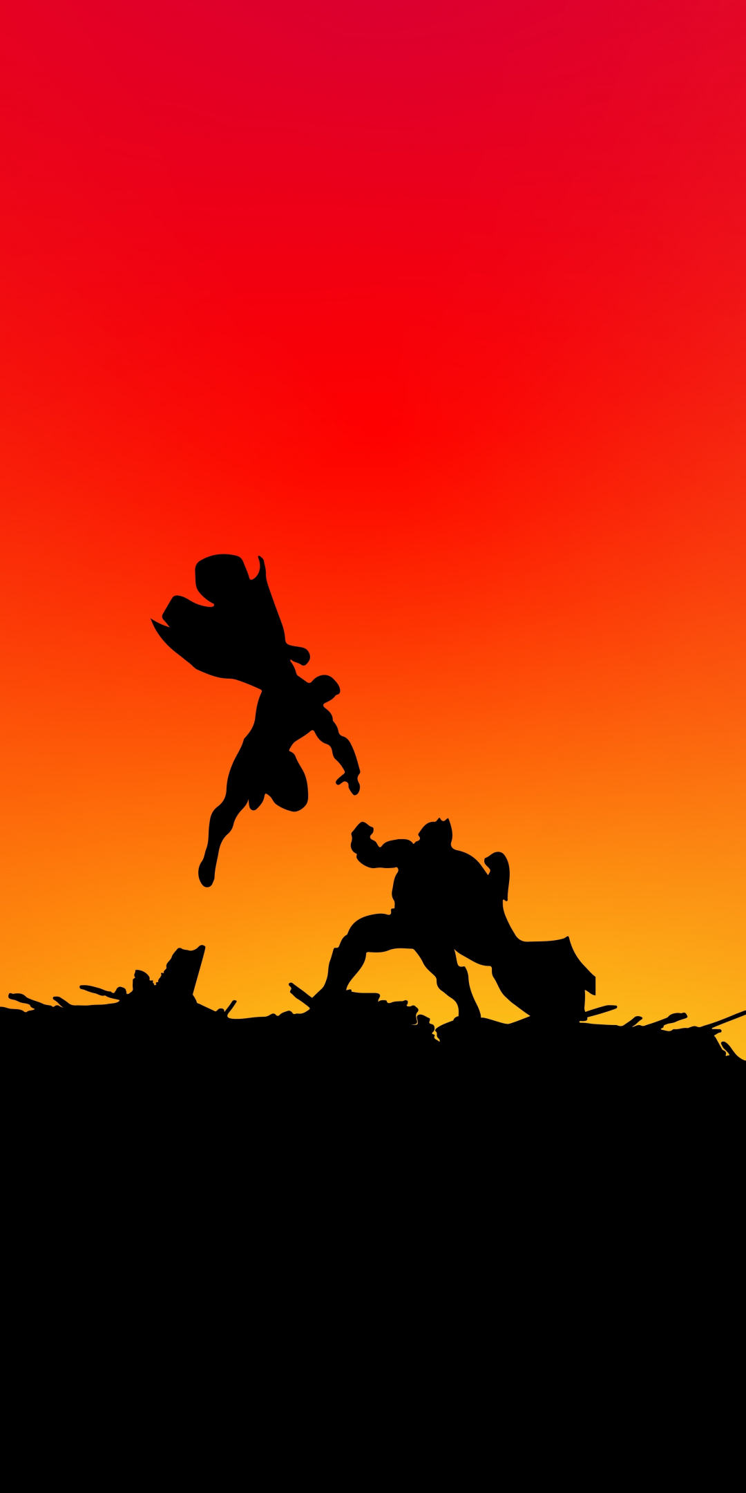 Batman vs superman, silhouette, fight, artwork, 1080x2160 wallpaper