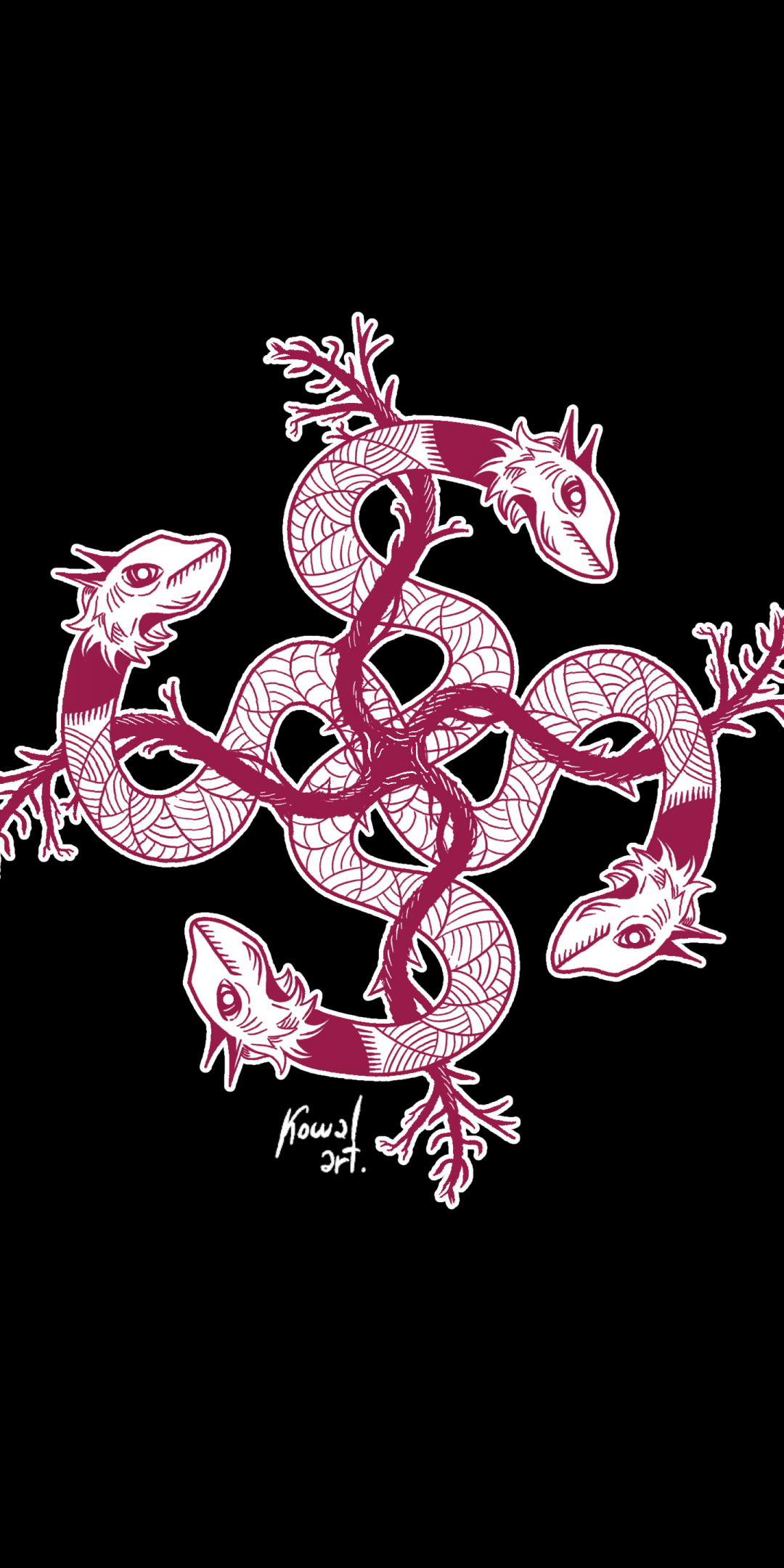 Four-head snake tattoo, red-dark, minimal, 1080x2160 wallpaper